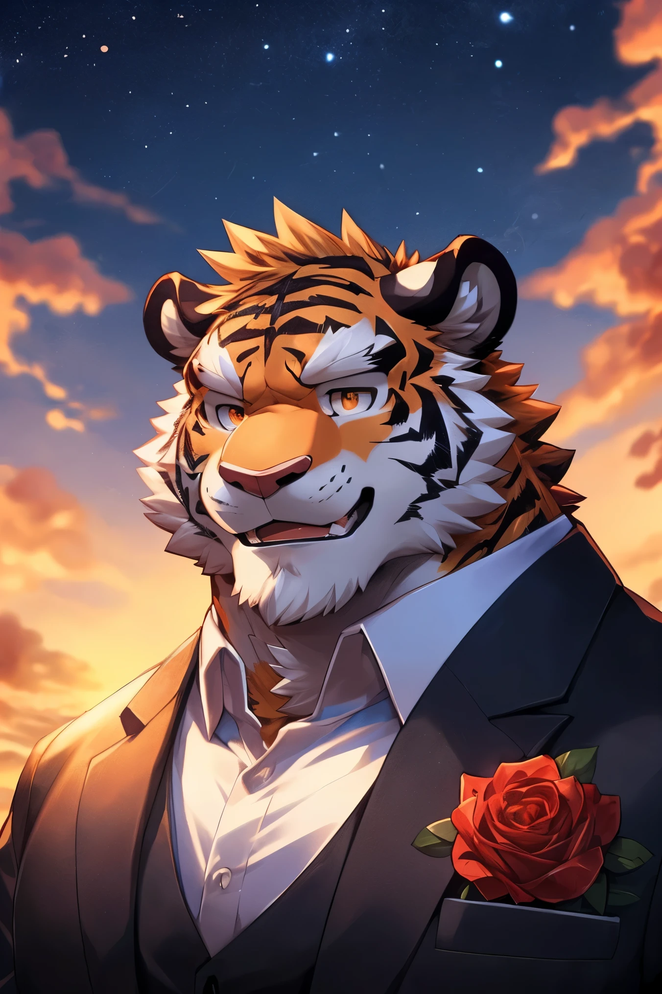 human nature, cannon, male, Solitary, ((Round Face, The face is plump,Orange eyes,A small amount of black beard)), ((Endomorph, Handsome,Handsome)), (White shirt,With a black tie), ((domestic tiger, tiger), (在Sea of Roses表白), Bokeh, (high quality, high resolution, Masterpiece 1.2), (Dynamic Lighting, Vibrant colors), (Generous smile,slightly red face,Love on face,Close your eyes and kiss someone), (Face focus), Front view (close up), cartoon, author:Takemoto Arashi, by zixiong, By Chunni, author:Empty Ghost,(background:晚霞的Sea of Roses满天的Starry Sky1.5),Sea of Roses,Glow,evening,Starry Sky,Auspicious Clouds,background丰富详细