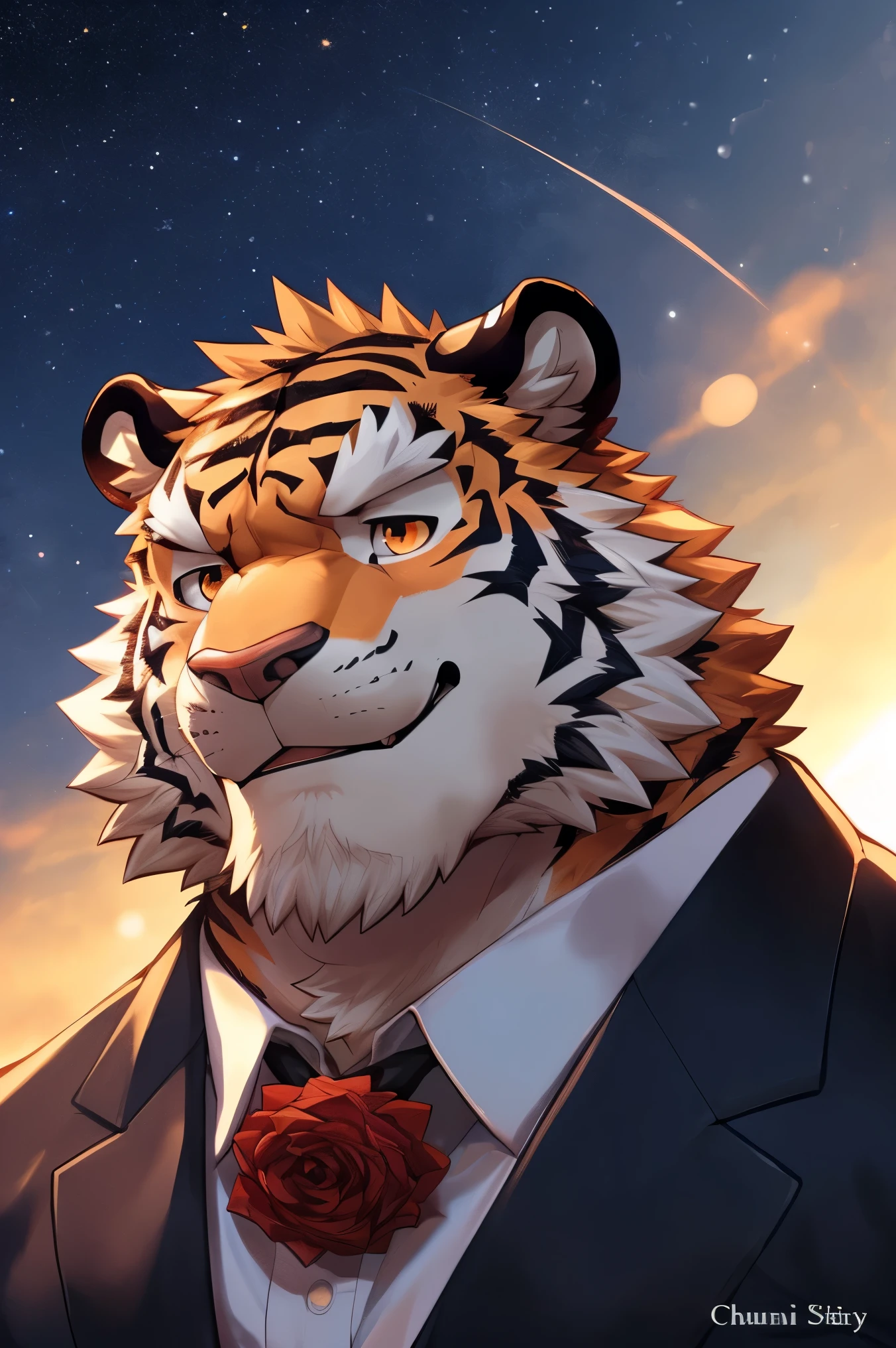 human nature, cannon, male, Solitary, ((Round Face, The face is plump,Orange eyes,A small amount of black beard)), ((Endomorph, Handsome,Handsome)), (White shirt,With a black tie), ((domestic tiger, tiger), (在Sea of Roses表白), Bokeh, (high quality, high resolution, Masterpiece 1.2), (Dynamic Lighting, Vibrant colors), (Generous smile,slightly red face,Love on face,Close your eyes and kiss someone), (Face focus), Front view (close up), cartoon, author:Takemoto Arashi, by zixiong, By Chunni, author:Empty Ghost,(background:晚霞的Sea of Roses满天的Starry Sky1.5),Sea of Roses,Glow,evening,Starry Sky,Auspicious Clouds,background丰富详细