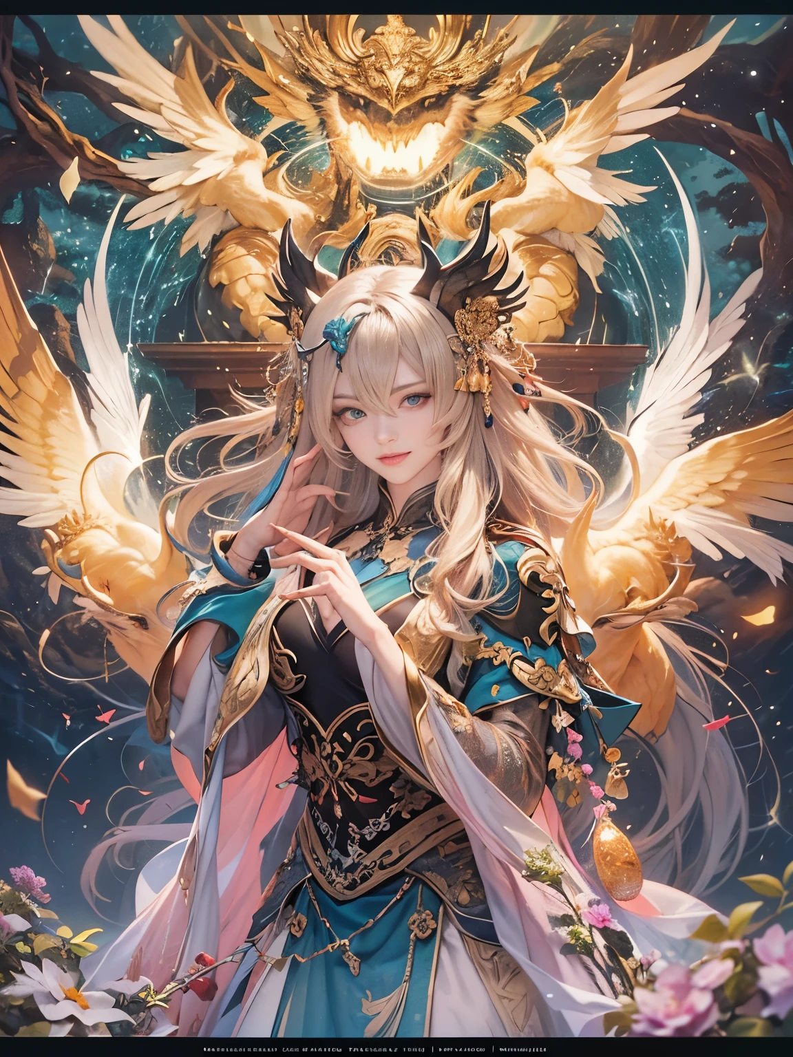 (8k, highest quality, masterpiece: 1.2), (Realistic, photoRealistic: 1.37), Super detailed, (no_human), (There are four sacred beasts, Qinglong), Wide viewing angles, Firefly Garden, There are lots of little faint lights and fireflies flying around, night, Intricate details, Splash screen, 8K resolution, masterpiece, Meek smile, Mysterious Background, aura, Gentle gaze, Break, Blonde, dynamic sexy poses, Golden Ratio