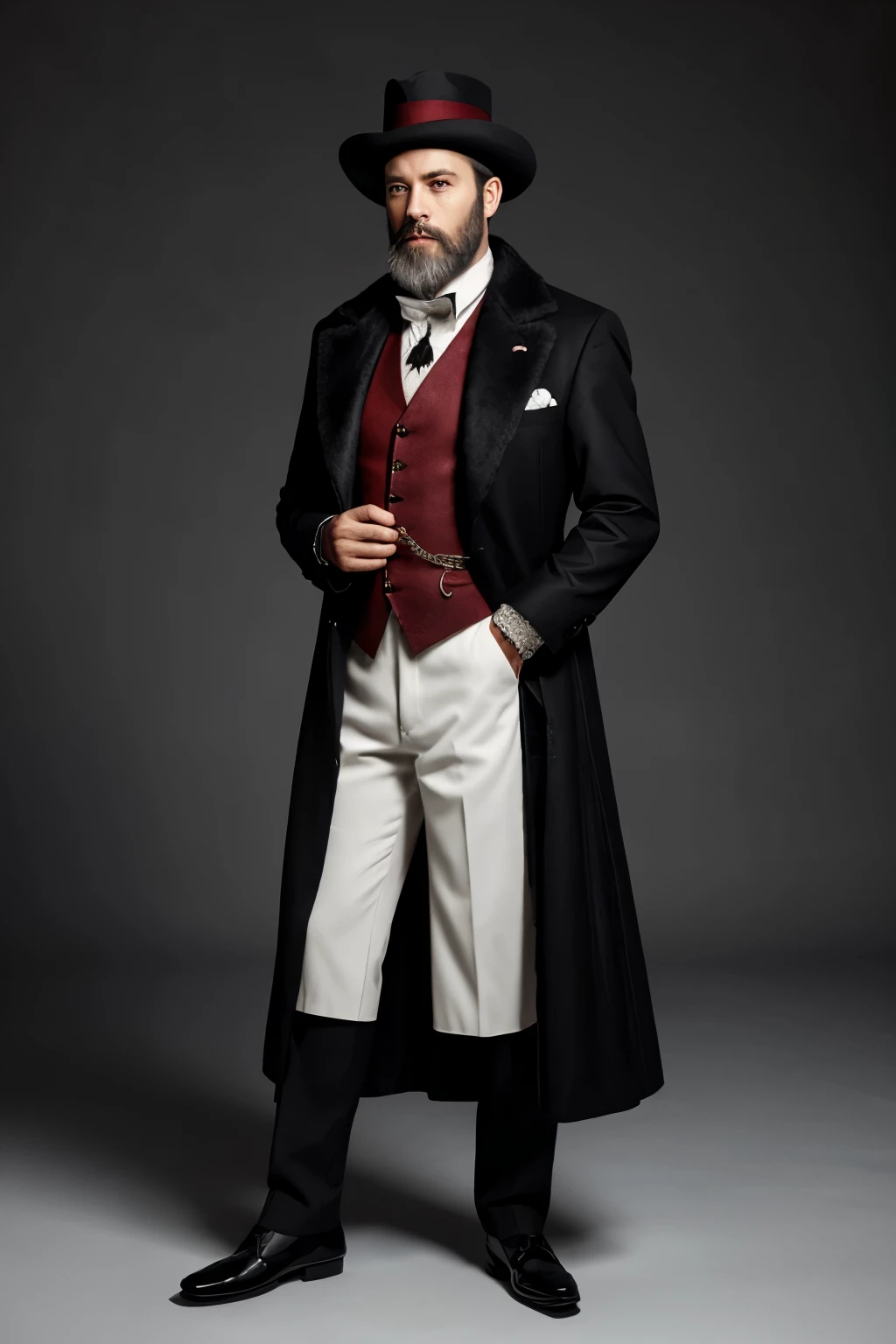 game character man in black suit and fur collared coat aristocrat style red vest middle aged black and white hair and beard holding fancy classic cane  hat 