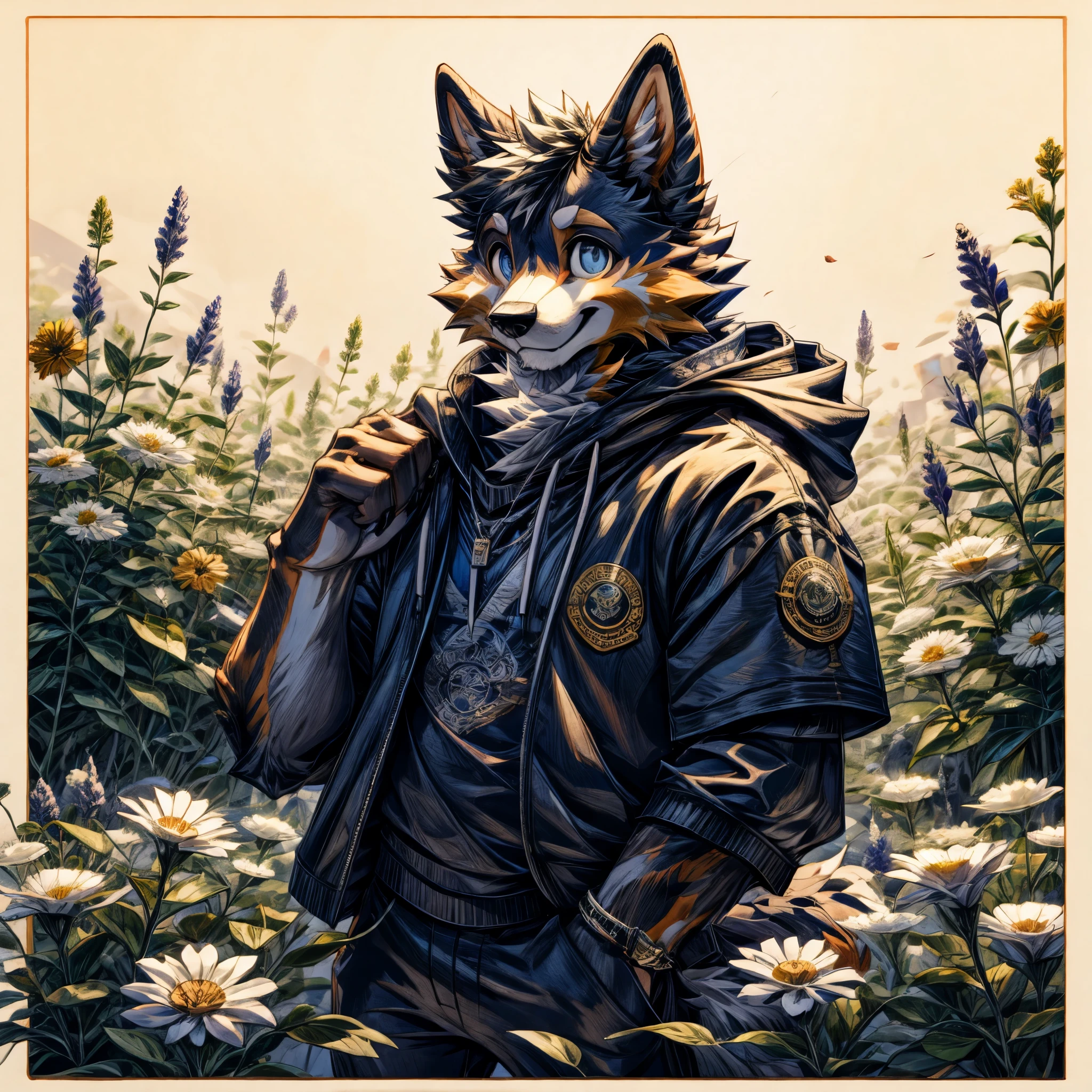 masterpiece,High quality,furry,(collie),cute,flower garden,happy face,perfect background,Around 18 years old,whole body,hoodie