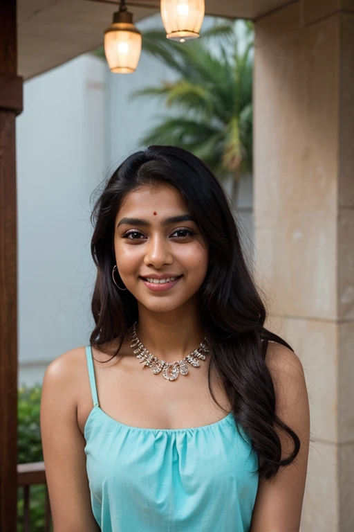 24 years old indian bengali girl who wearing light cyan color indian churidar, kind face, beautiful light wavy hair, attractive neck, beautiful lip, beautiful brown eyes, light eyebrows, no makeup, wearing light chain in her neck, and smiling.skin color should be light brown and lip light pink color
Take her picture from outside