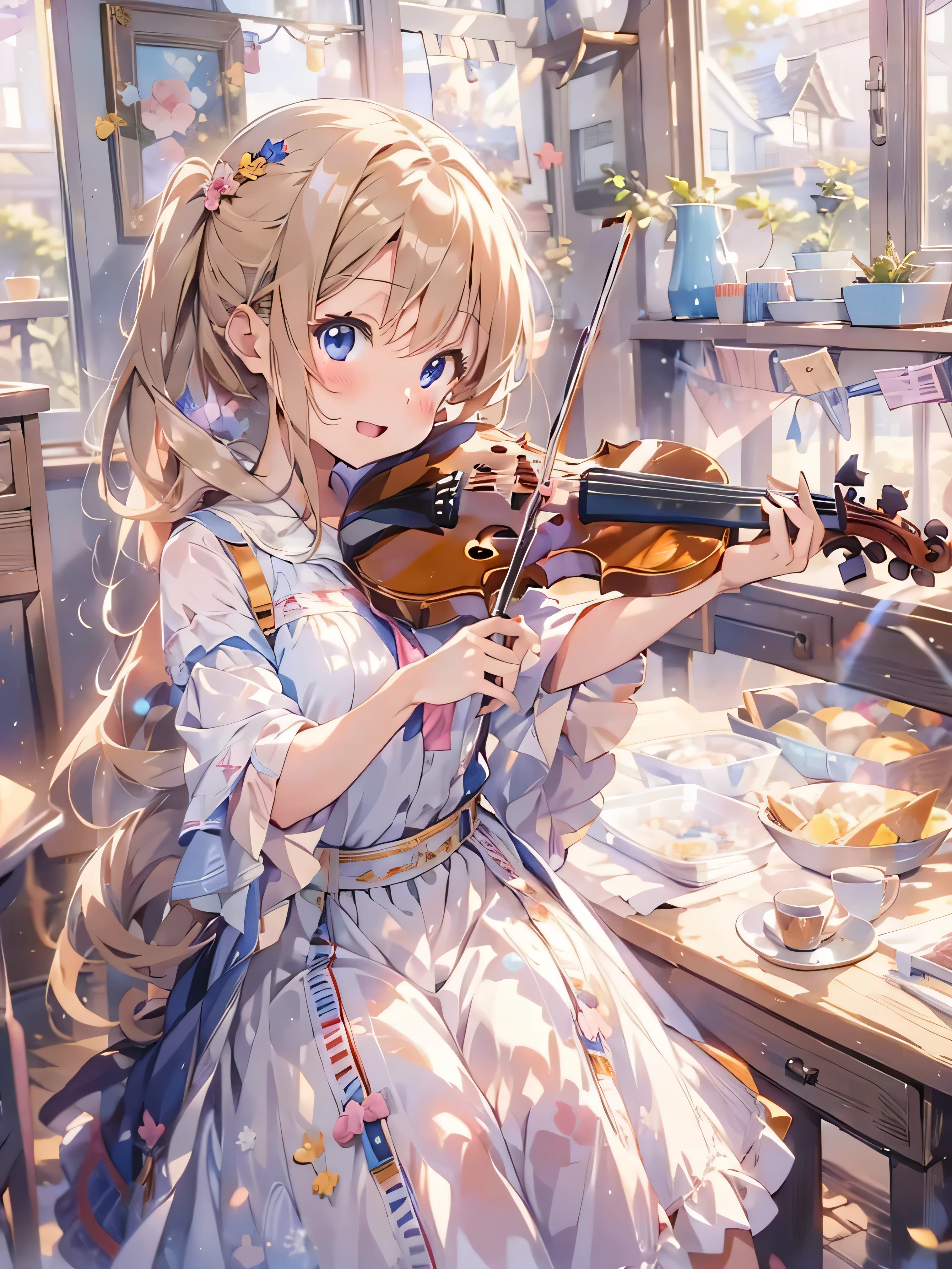 (masterpiece:1.2),(anime),Girl Playing the Violin、cute、Asahi、Western-style room、Streaks of Light
