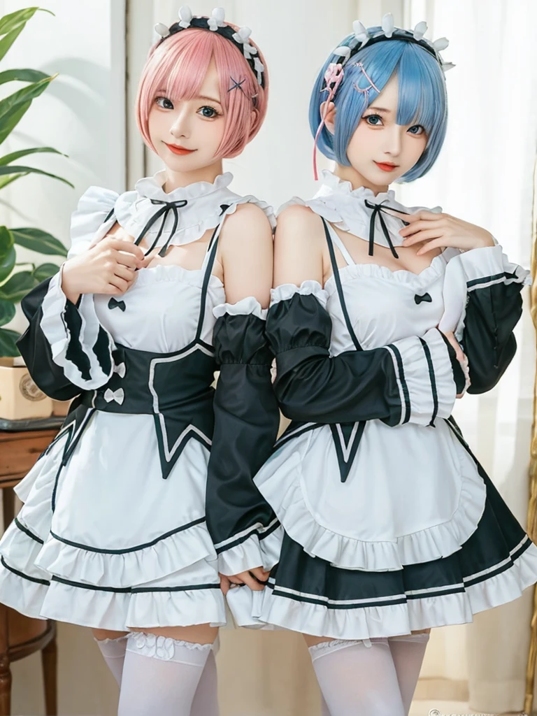 (8K, Photorealistic, Raw photo, of the highest quality: 1.3), (1girl in), Super beautiful, (Realistic face), (boyish, light blue Color Berry Shorthair),(8K, Photorealistic, Raw photo, of the highest quality: 1.3), (1girl in), Super beautiful, (Realistic face), (boyish, pink Color Berry Shorthair), Beautiful , Glare that captivates the viewer, Beautiful expression, Beautiful breasts, (Realistic skin), Be...Create a detailed and colorful image of Ram and Rem from Re:Zero, standing back-to-back in their maid outfits, with a magical fantasy background、14years old, two girls,cute, perfect face, beautiful, nice body, gothic ta clothes, gothic loliashion, frilly skirt, headdress, necklace, bracelet, knee-high socks, boots, double eyelids, tear bags, Detailed down to the fingers, photo-like description, indoors, dim indoor lighting, one girl is pink hair and short bob, another girl is light blue hair and short bob,standing, whole body, composition that shows the whole body, smiling,The Both of them are wearing the same type of maid outfit