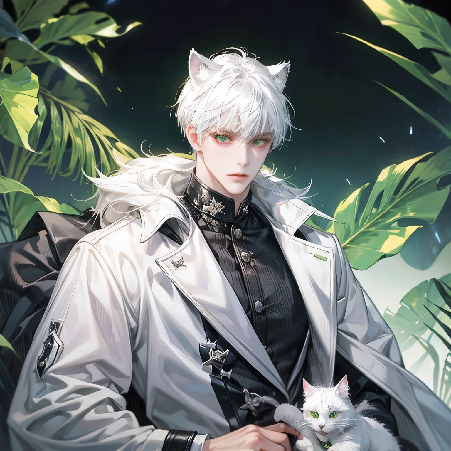 Man white hair eye green have cat ear and tail sweather black and white coat handsome
