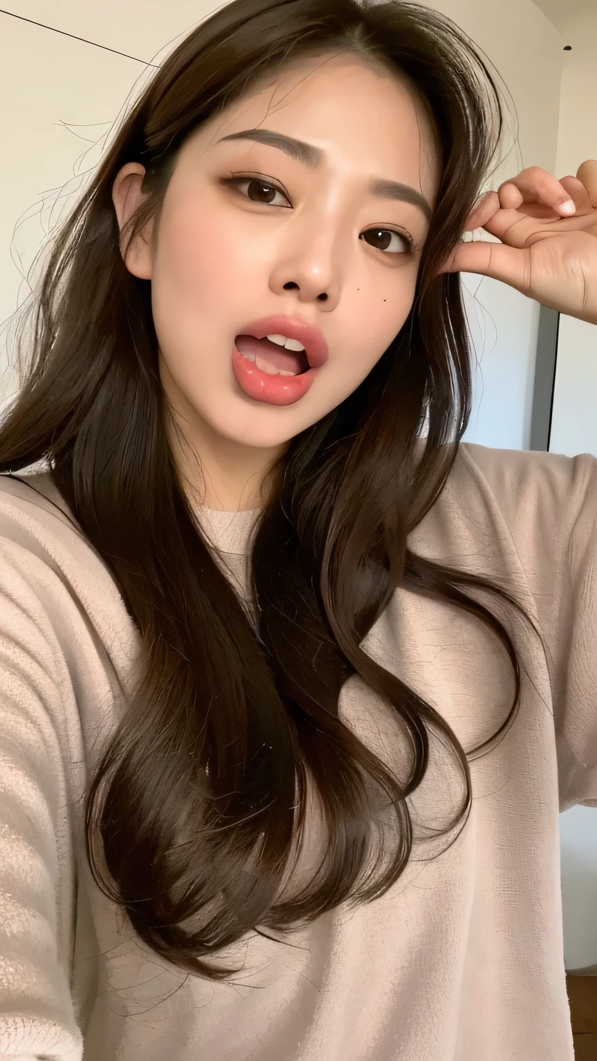 ((highest quality, 8k, masterpiece: 1.3)), 1 female, Japanese Mature,Sensual beauty: 1.3, (Hair style Brown hair Medium wave, big: 1.2), Nightwear: 1.1, Super slender face, Delicate eyes, double eyelid, (((Open your mouth,Long tongue sticking out,)))Mole, Home,Plump body,very thick legs,Shot from directly above,He is fooling around with his mouth wide open and his tongue sticking out..,