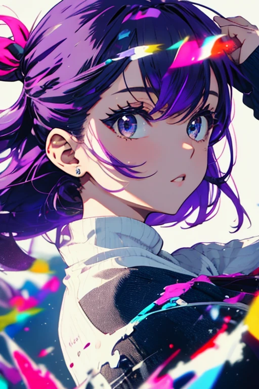 1girl,solo,cool,crazy love,purple hair,cool color colorful,paint,face focus,perfect face,face is dirty for painting,brilliant eye,vivid eye,heart eye,glorious, suspicious