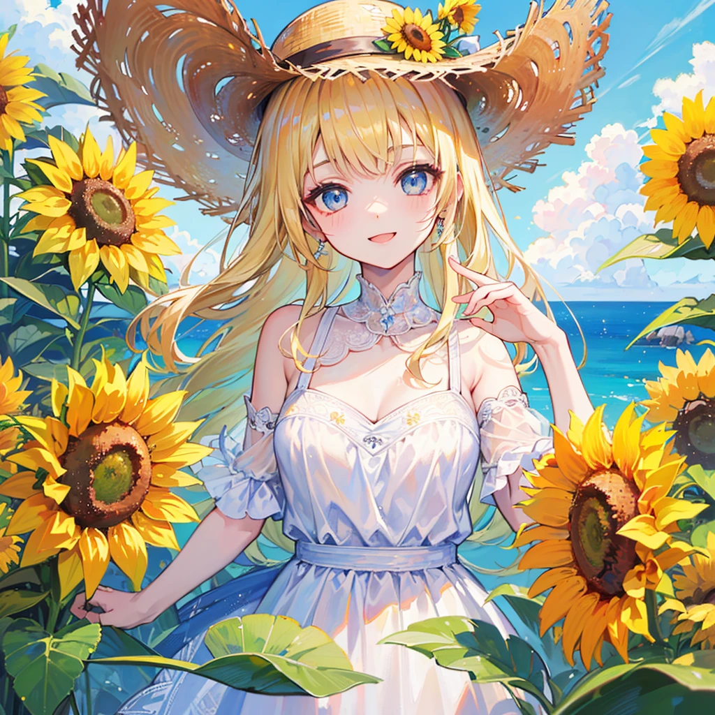 (((Best quality, 8k, Masterpiece: 1.3)), ((best quality)), ((masterpiece)), (detailed), girl、Blonde、blue eyes、Straw hat、White dress、smile、Sunflower flower garden、sun