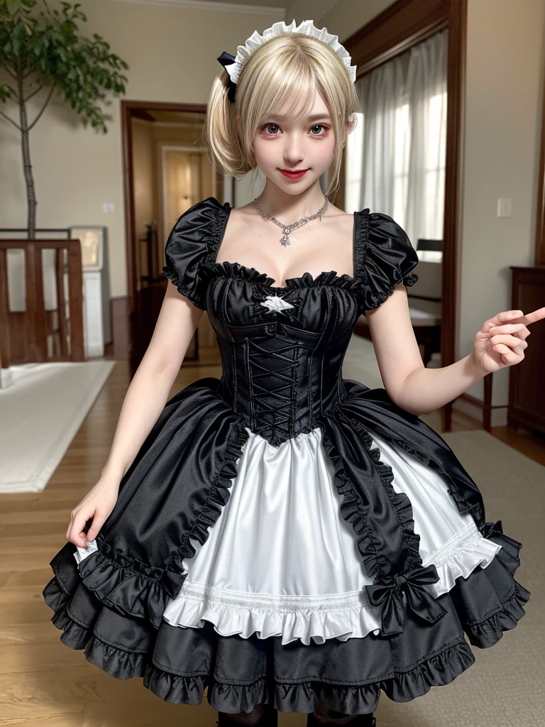 (8K, Photorealistic, Raw photo, of the highest quality: 1.3), (1girl in), Super beautiful, (Realistic face), (boyish, Silver Color Berry Shorthair), Beautiful , Glare that captivates the viewer, Beautiful expression, Beautiful breasts, (Realistic skin), Be...Super high quality, super high definition, super detailed, masterpiece, 20years old, female, cute, perfect face, beautiful, gothic ta clothes, gothic loliashion, frilly skirt, headdress, necklace, bracelet, knee-high socks, boots, double eyelids, tear bags, Detailed down to the fingers, photo-like description, indoors, dim indoor lighting, blonde hair, pony tail, standing, whole body, composition that shows the whole body, smiling,Optimal ratio of 4 fingers and 1 thumb