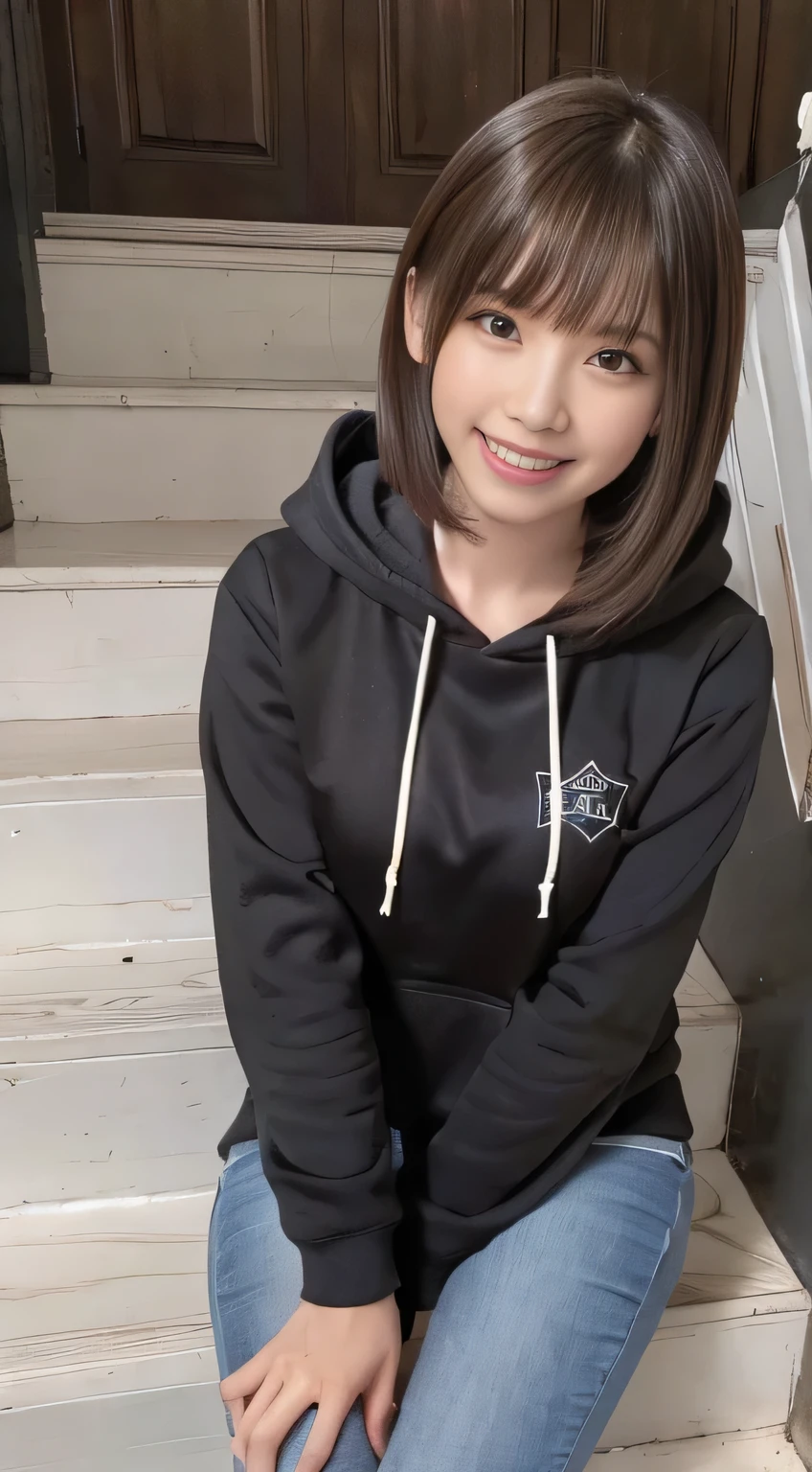 highest quality, Realistic, Very detailed, Finer details, High resolution, 8k wallpaper, One beautiful woman,Sit on the stairs、（Wear black socks）smile、（Beautiful teeth alignment、）（Gums are visible） Oversized hoodie, Skinny jeans,（ Black sneakers）、Black Hair、 Beautiful Bangs、ear piercing、Perfect dynamic composition, Beautiful and detailed, Full Body Shot, A big smile brown hair