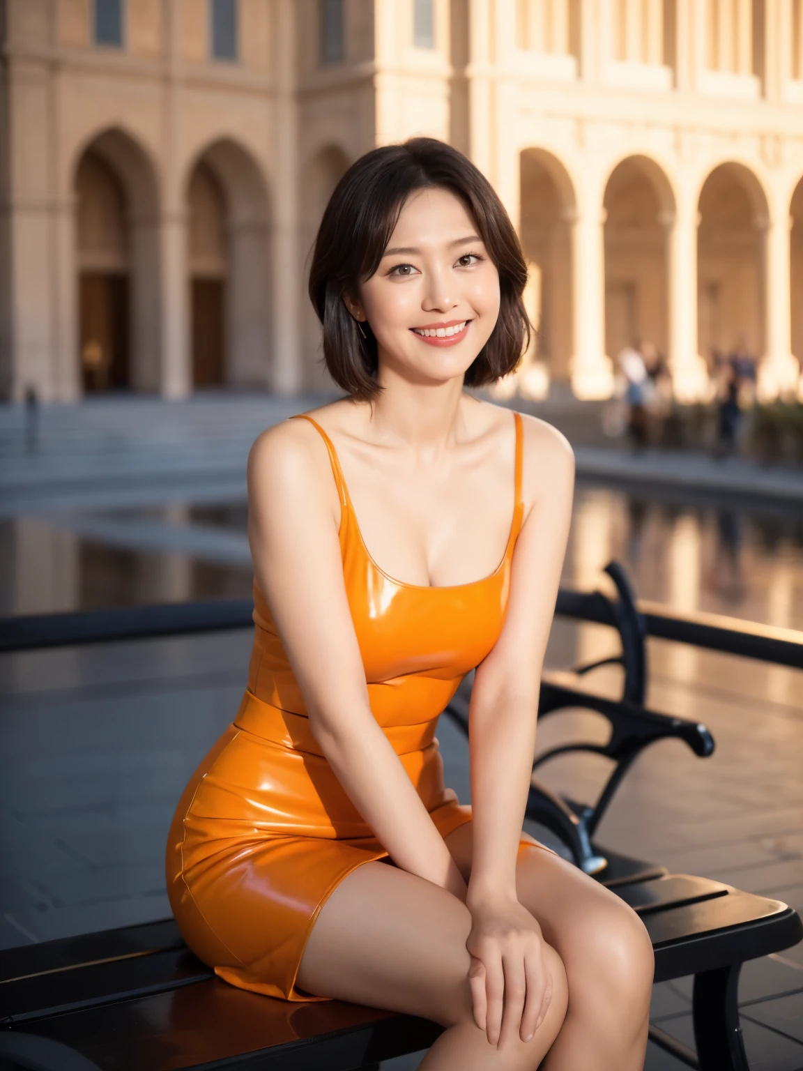 最high quality, In 8K, Masseter region, Vibrant, Sharp focus, high quality, High resolution, Detailed face, fine grain, Red lips, (Observe the audience), alone, Beautiful woman, 38 years old, (Very short black hair:1.3)、（Bob Hair）、（Standard body type）、（D cup breasts）、 Cleavage, , afternoon、（Italy、Milan、The square in front of the church:1.5）,(Sit on a bench:1.5)、（Bright orange latex dress:1.6）、（Knee-length skirt:1.6）、（Black pumps:1.5）、（smile:1.3）、