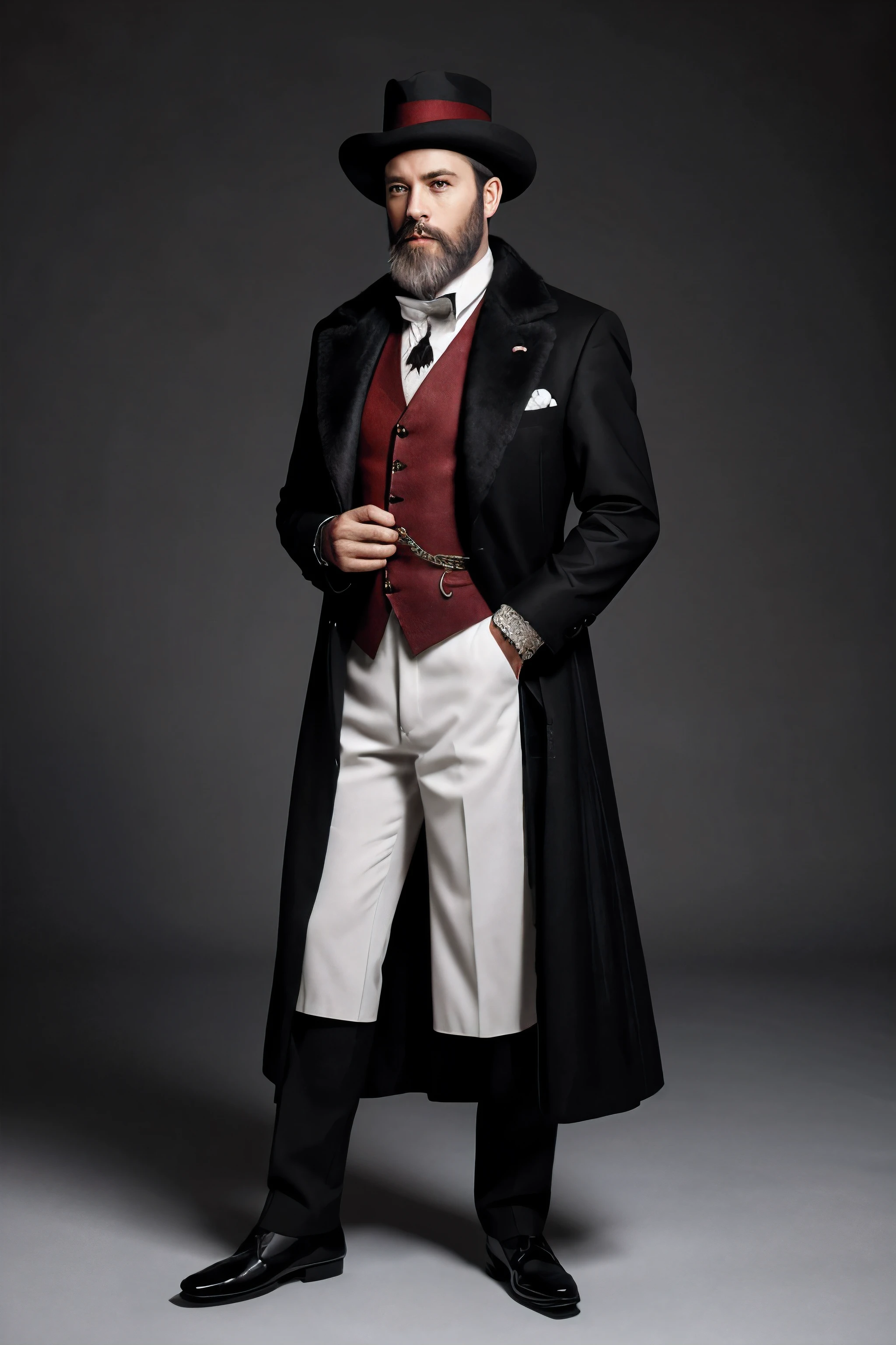 game character man in black suit and fur collared coat aristocrat style red vest middle aged black and white hair and beard holding fancy classic cane  hat 