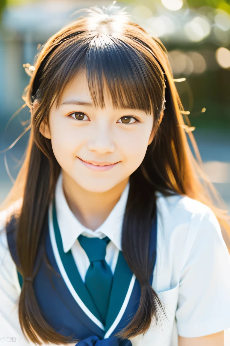 Lens 135mm f1.8, (highest quality),(RAW photo), (arms at sides:1.1), (Beautiful 15 year old Japanese girl), cute face, (deeply carved face:0.7), (freckles:0.6), dappled sunlight, dramatic lighting, (japanese school uniform), (inside the school), shy, ponytail, (Close-up shots of:1.2), (smile),, (sparkling eyes)、(sunlight),