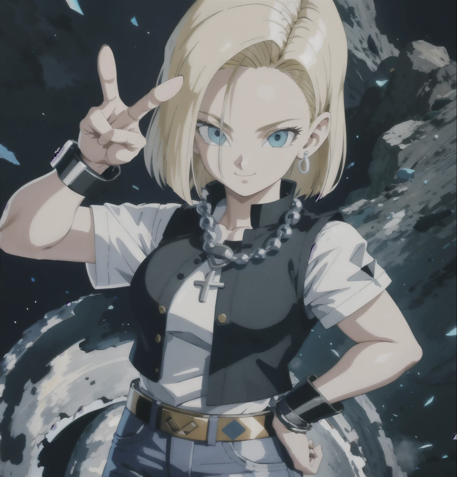 highest quality, High resolution, And 18, One girl, Android 18, alone, Blonde Hair, blue eyes, belt, jeans, Pearl_necklace, bracelet, Black gloves, White shirt, short hair, Short sleeve, Earrings, Blue pants, Open Vest, Black vest, , (Dark Background:1.3),smile, (((Right hand makes a peace sign next to face)))), (((Left hand on hip))))