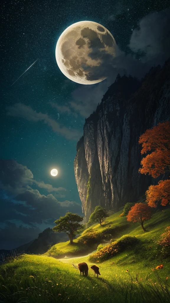 masterpiece, (((best quality))),landscape, Night, Bright Moon, Weak Star, cliff, The wind is blowing, Green grass, fantasy, Magical World, Fall,