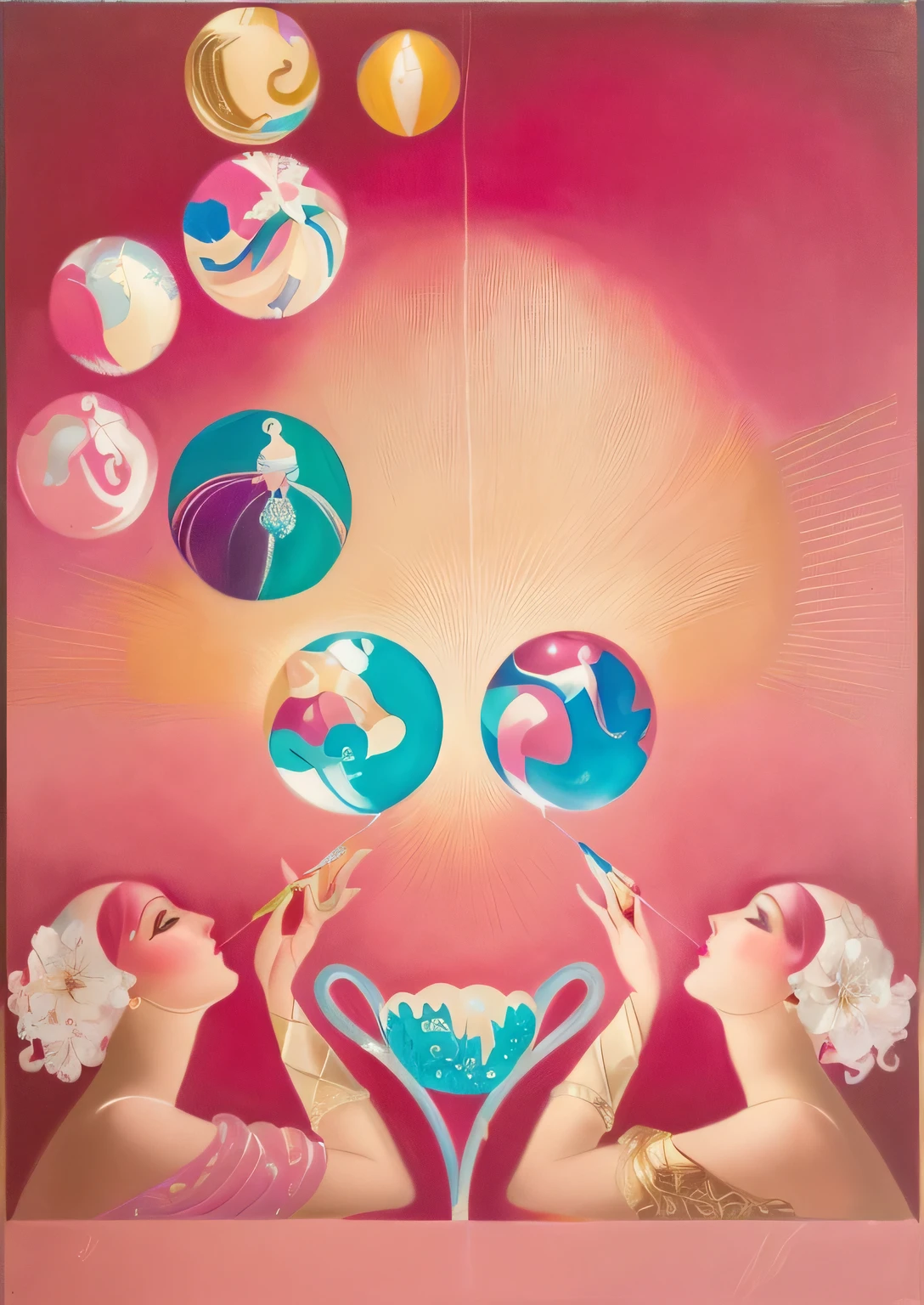 painting of two women blowing bubbles with a heart shaped balloon, erte, inspired by Gerda Wegener, by Barbara Balmer, ( ( ( art deco ) ) ), art deco painting, by Maude Kaufman Eggemeyer, an art deco painting, by Robert Scott Lauder, agnes pelton, art deco illustration, cover illustration
