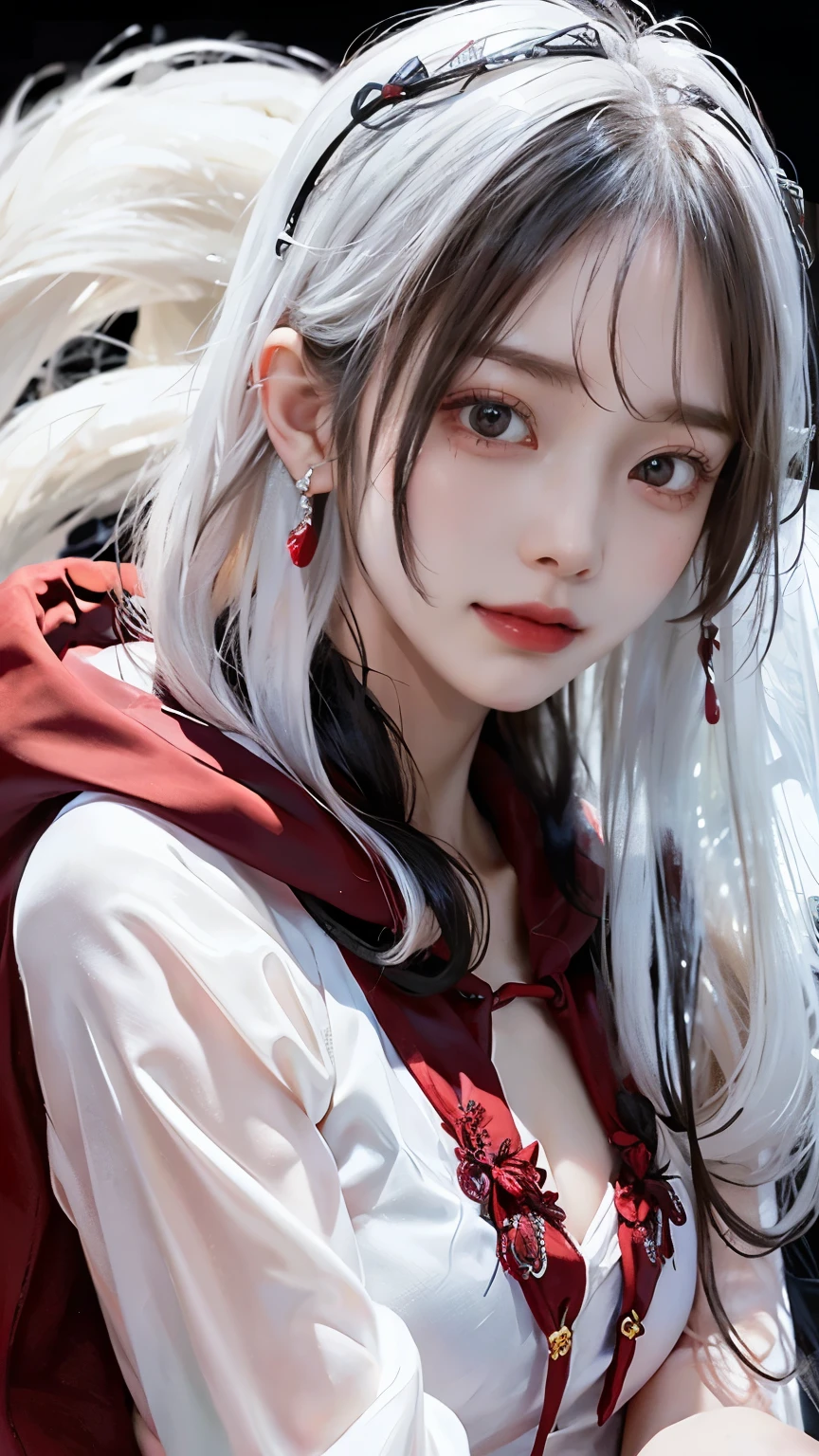 Long white hair - Red eyes - Black hair accessories - Hoodie - Elegant - Mysterious - Minimal exposure - Modesty - Unique - Smile - Charm - Presence