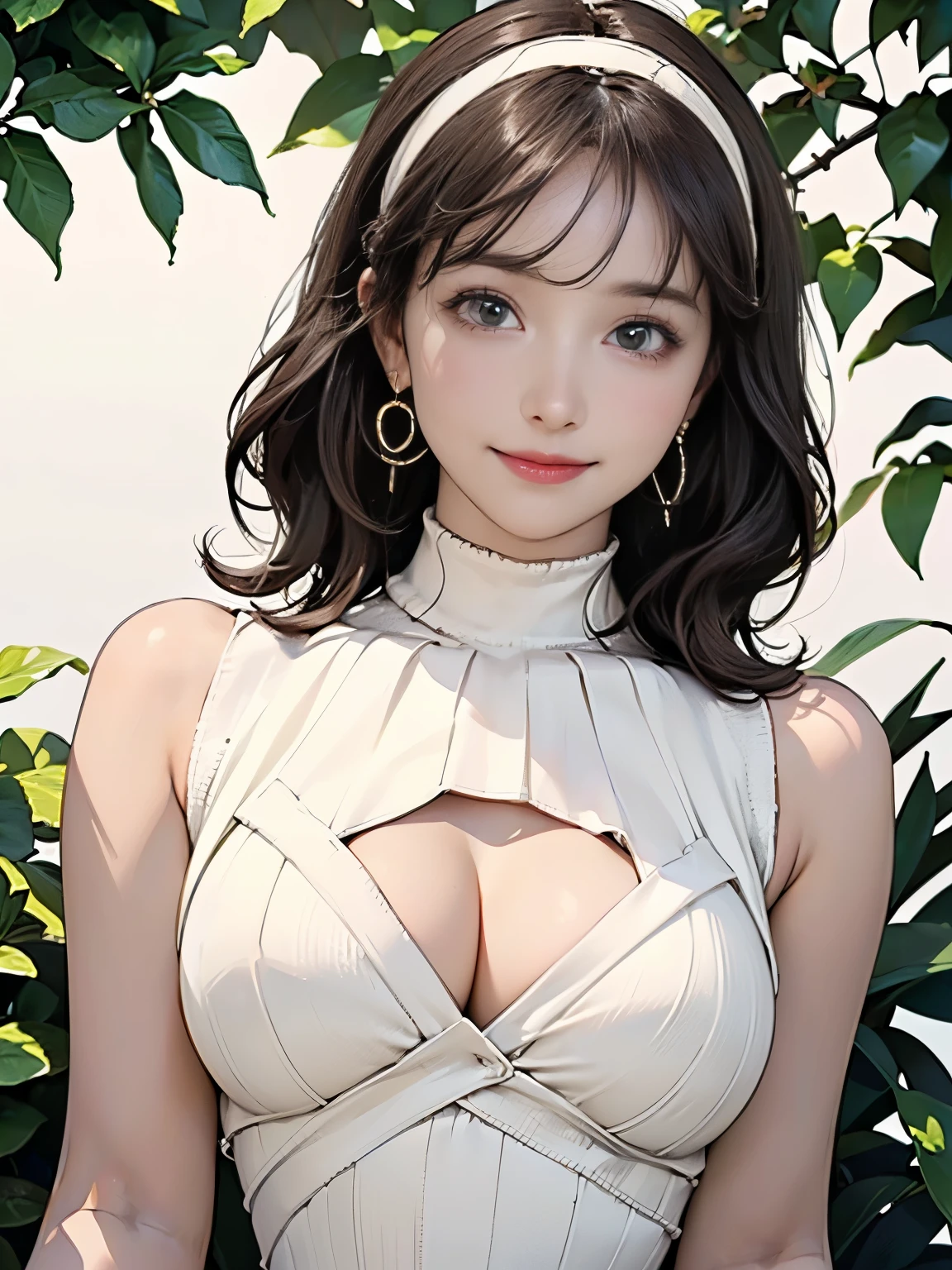 ((((highest quality))))、(((Ultra-precision CG16K wallpaper)))、(((masterpiece)))、(((Super detailed)))、(((Extreme detail)))、((1Mature 29 year old woman:1.6))、((Very beautiful Japanese faces))、((Zuo々Nozomi:1.5))、((Straight medium hair、blunt bangs:1.5))、(Shiny brown hair)、Beautiful delicate eyes、Brown Eyes、eyeliner、Eyeshadow、High nose、Small nostrils、Small Mouth、Seductive lips、Beautiful breasts、((C cup size breasts))、Cleavage、Beautiful feet、eight-headed body、Perfect proportions、Perfect Anatomy、Perfect composition、Beautiful detailed shading、Beautiful, natural lighting、Beautiful detail glow、Depth of written boundary、(((High chroma)))、(((Real:1.9)))、((vivid:1.5))、((Beautiful Skin))、((Skin Texture))、((Realな皮膚感))、(((Bust Shot:1.6)))、((front view、shoot from front、Front low angle:1.6))、(((smile:1.6)))、((The woman is looking at this、looking at viewer、Facing forward:1.6))、Bright daylight、Natural light、(((background_Foliage plant:1.5)))、(Walking Pose:1.6)、(((Ivory cream high neck sleeveless knit dress:1.6)))、((Headband、Wearing earrings:1.5))、
