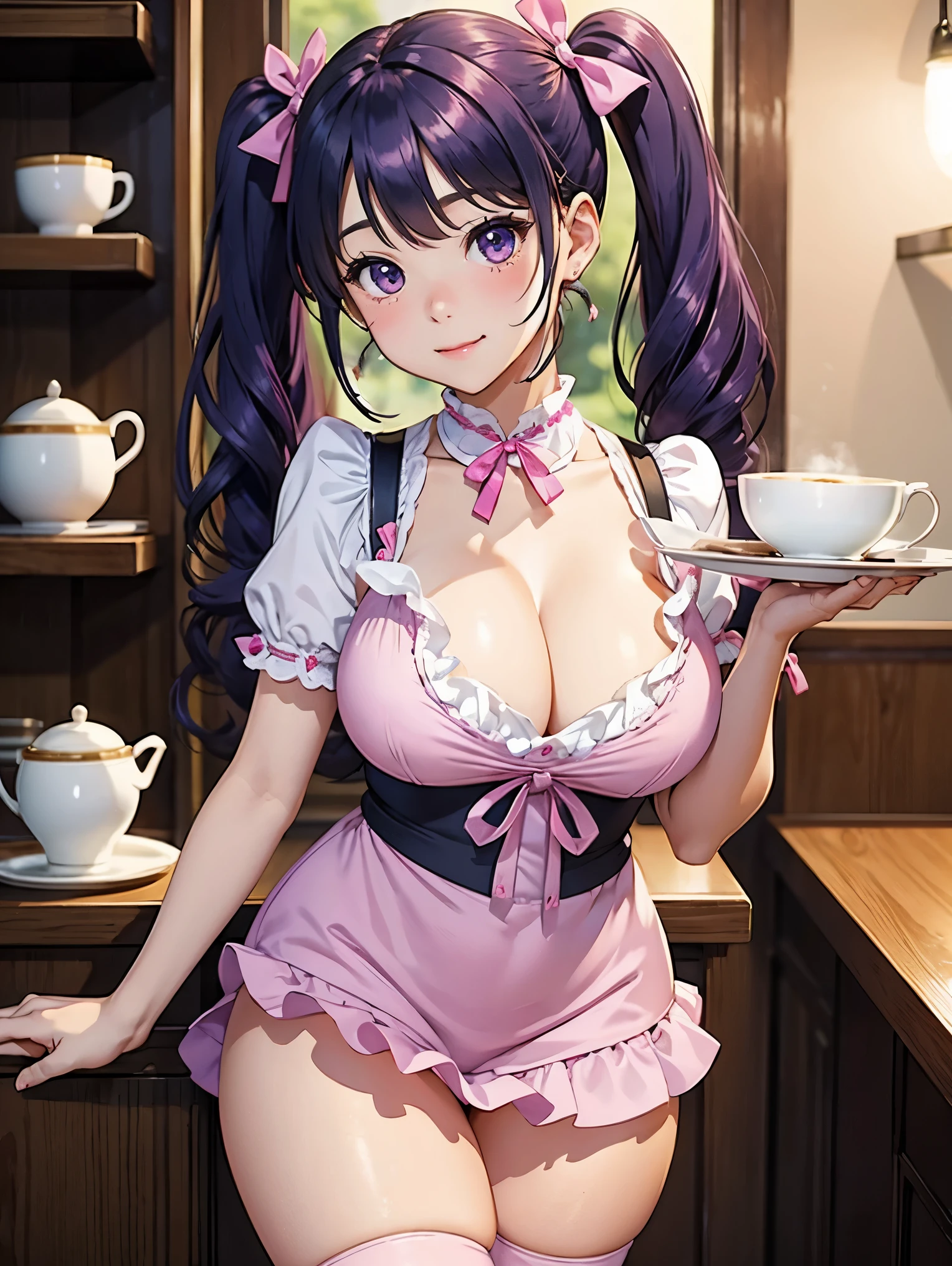 8K、highest quality、Coffee shop、girl、Dark purple hair、Twin tails、Big pink ribbon、Delicate face、smile、Beautiful little eyes、Blushed face、Pink maid outfit、Beautiful feet、Captivating thighs、Big Tits:1.8、Big Ass:5.5、 Narrow waist、Beautiful curves、Glowing Skin、Fair skin、Teacups on a silver tray、serve、Carry the tray、waitress、