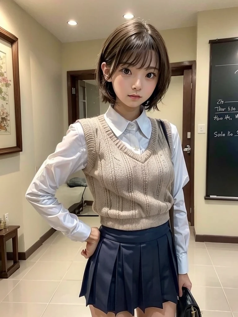 Masterpiece, Top Quality, Top Mikoto, brown eyes, short hair, small breasts, looking at viewer, alone, closed mouth, collared shirt, beige knit vest, dark blue Skirt, school_uniform, shirt, white_shirt, classroom,Masterpiece, highest quality, 8K, detailed skin texture, fine cloth texture, beautiful detailed face, intricate details, super detailed,cute,cute posing,composition that shows the whole body,
