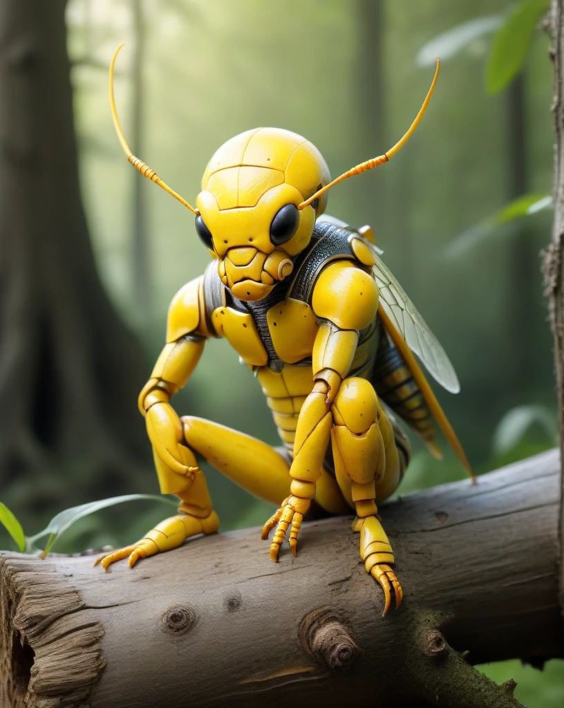 bald insect with goatee, white eyes, yellow plaster texture, sitting on tree stump,  elbow on knee, soft lighting, extreme detail, HD, sculpture, low contrast,  insect man warrior, insects castle in the background, photorealistic, cinematic 