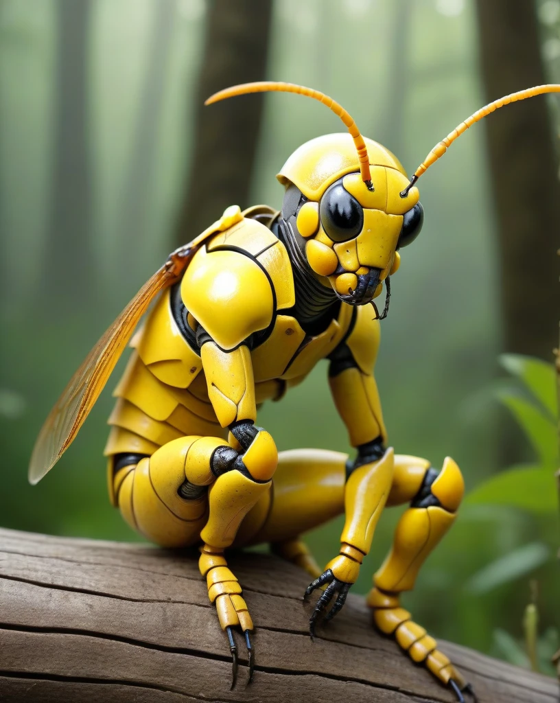 bald insect with goatee, white eyes, yellow plaster texture, sitting on tree stump,  elbow on knee, soft lighting, extreme detail, HD, sculpture, low contrast,  insect man warrior, insects castle in the background, photorealistic, cinematic 