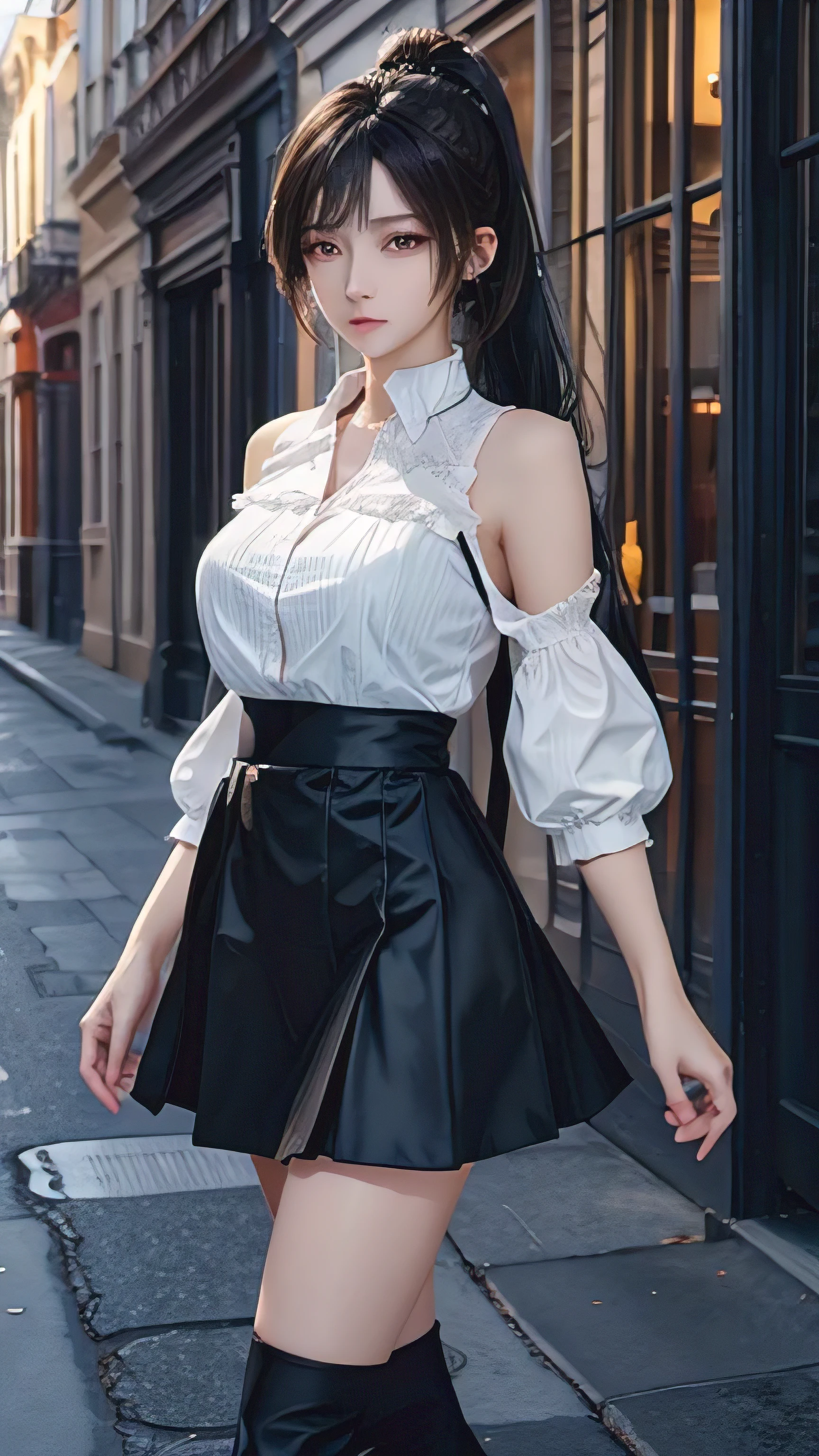 Long eyelashes, Solid round eyes, Ponytail, Hair is black and shiny, black eyes,delicate face, Surrealism, trace, Relief, Stereogram, Perspective, Atmospheric perspective, 8K, Super Detail, precise, best quality,1 Girl,On the breasts of the campus,Black long skirt