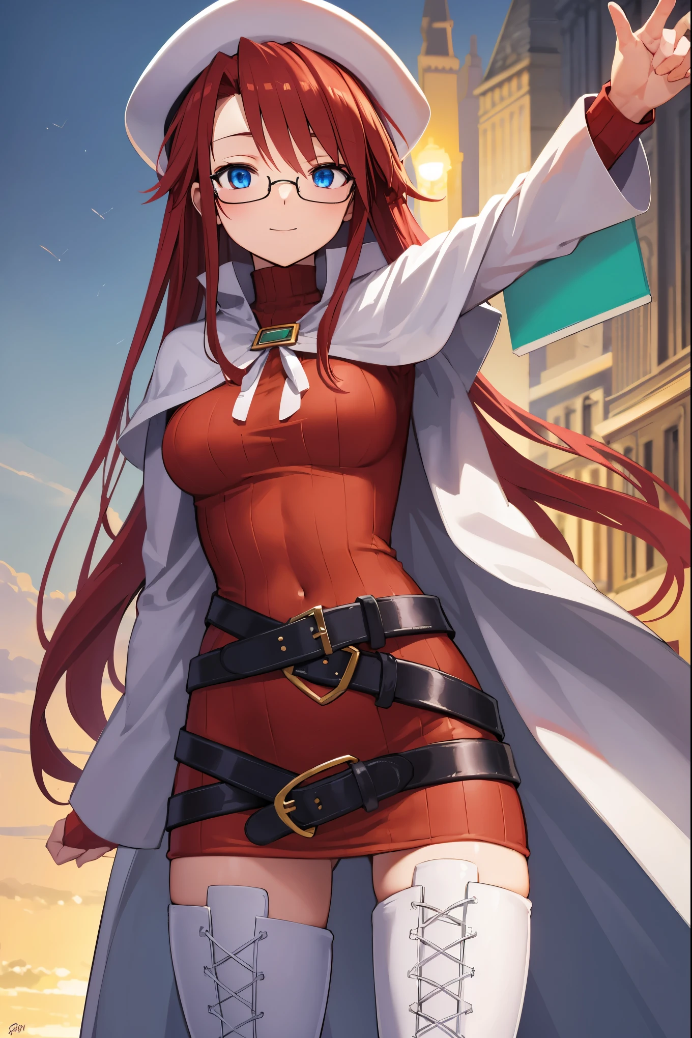 summonnightaty, aty, (young:1.3),long hair, blue eyes, red hair, large_beret, hat, glasses,
BREAK long hair, thighhighs, hat, dress, boots, glasses, belt, cape, sweater, zettai ryouiki, beret, thigh boots, white footwear, ribbed sweater, loose belt,solo,
BREAK outdoors, fantasy,on_cobblestone
,
BREAK (masterpiece:1.2), best quality, high resolution, unity 8k wallpaper, (illustration:0.8), (beautiful detailed eyes:1.6), extremely detailed face, perfect lighting, extremely detailed CG, (perfect hands, perfect anatomy),covered_nipples,covered_navel,light_smile ,(half_eyes:1.4),long_sword,armpit,sleepy,dynamic_fighting_pose,barrel,red_sweater,apart_legs,magical_effect,spread_legs, have_a_book,teacher,rise_knee,kind_face