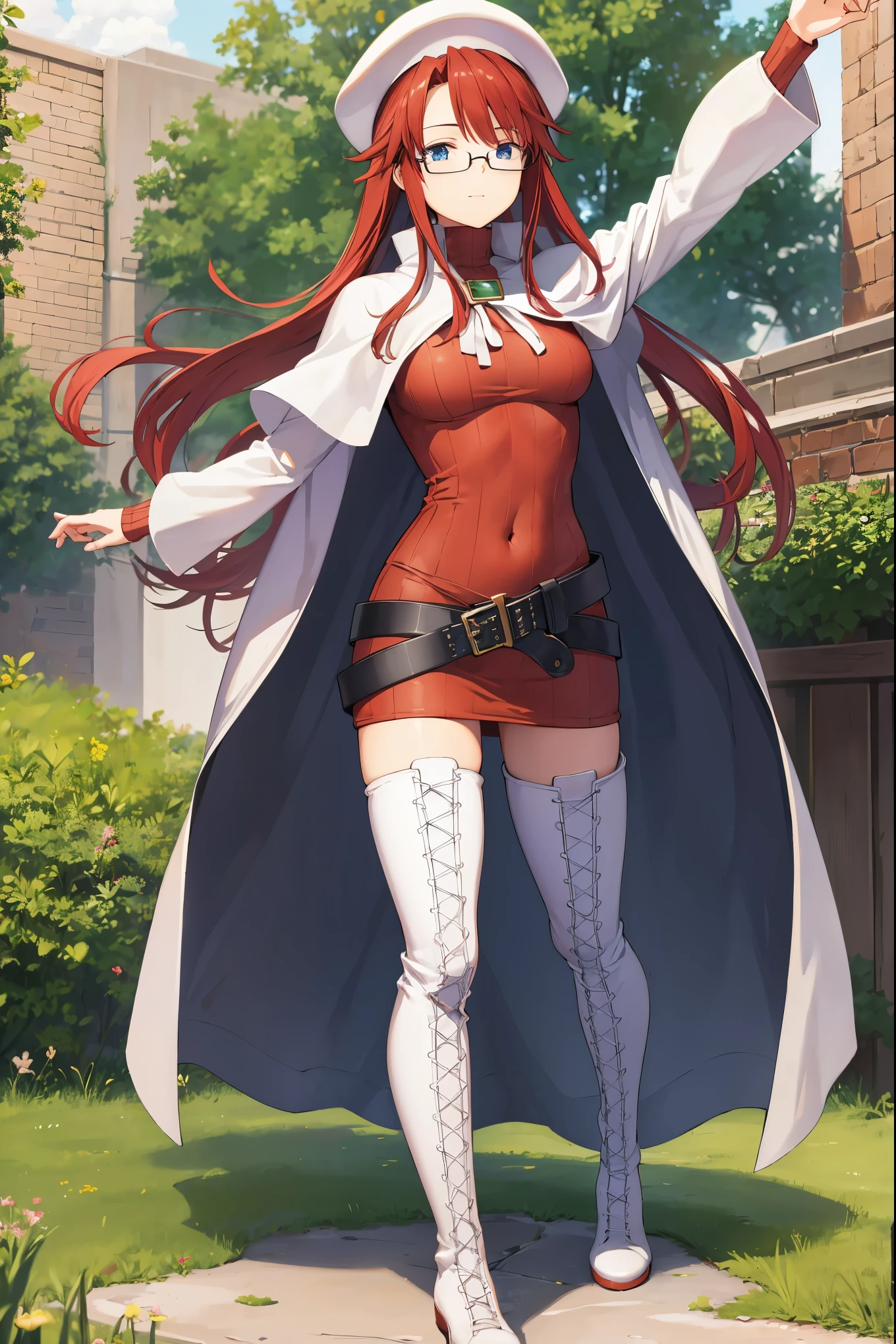 summonnightaty, aty, (young:1.3),long hair, blue eyes, red hair, large_beret, hat, glasses,
BREAK long hair, thighhighs, hat, dress, boots, glasses, belt, cape, sweater, zettai ryouiki, beret, thigh boots, white footwear, ribbed sweater, loose belt,solo,
BREAK outdoors, fantasy,on_cobblestone
,
BREAK (masterpiece:1.2), best quality, high resolution, unity 8k wallpaper, (illustration:0.8), (beautiful detailed eyes:1.6), extremely detailed face, perfect lighting, extremely detailed CG, (perfect hands, perfect anatomy),covered_nipples,covered_navel,light_smile ,(half_eyes:1.4),long_sword,armpit,sleepy,dynamic_fighting_pose,barrel,red_sweater,apart_legs,magical_effect,spread_legs, have_a_book,teacher,rise_knee,kind_face