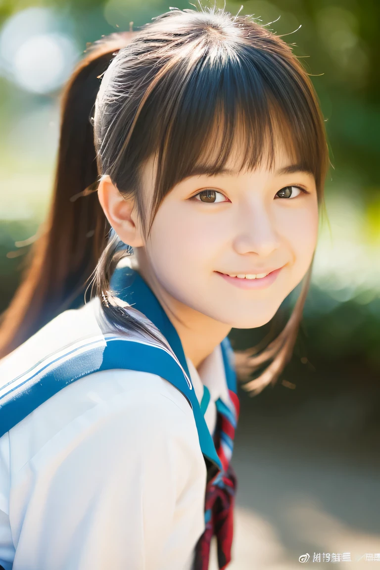 Lens 135mm f1.8, (highest quality),(RAW photo), (arms at sides:1.1), (Beautiful 15 year old Japanese girl), cute face, (deeply carved face:0.7), (freckles:0.6), dappled sunlight, dramatic lighting, (japanese school uniform), (inside the school), shy, ponytail, (Close-up shots of:1.2), (smile),, (sparkling eyes)、,