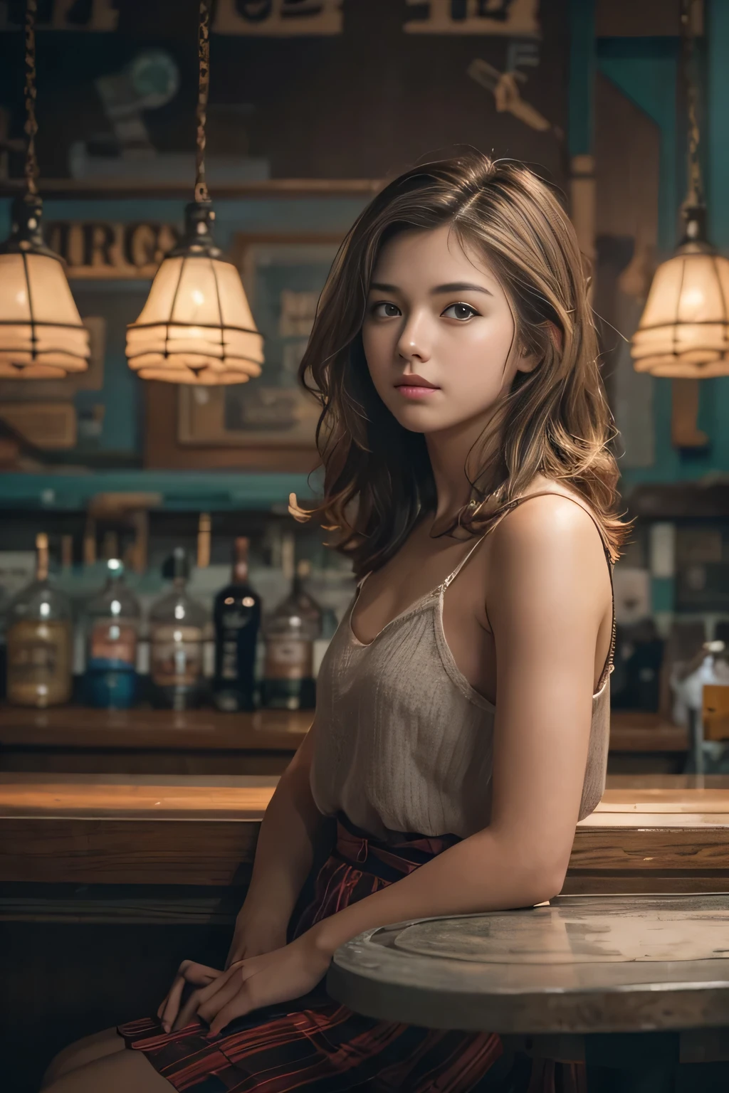 ((18 year old cute girl)), sitting at the bar,, subtle highlights, craftsmanship details, masterpiece: 1.2, super detailed scene, high resolution photography, studio lighting, moody retro, 1980, smooth atmosphere, cinematic, faded colors, dark shots, soft colors,