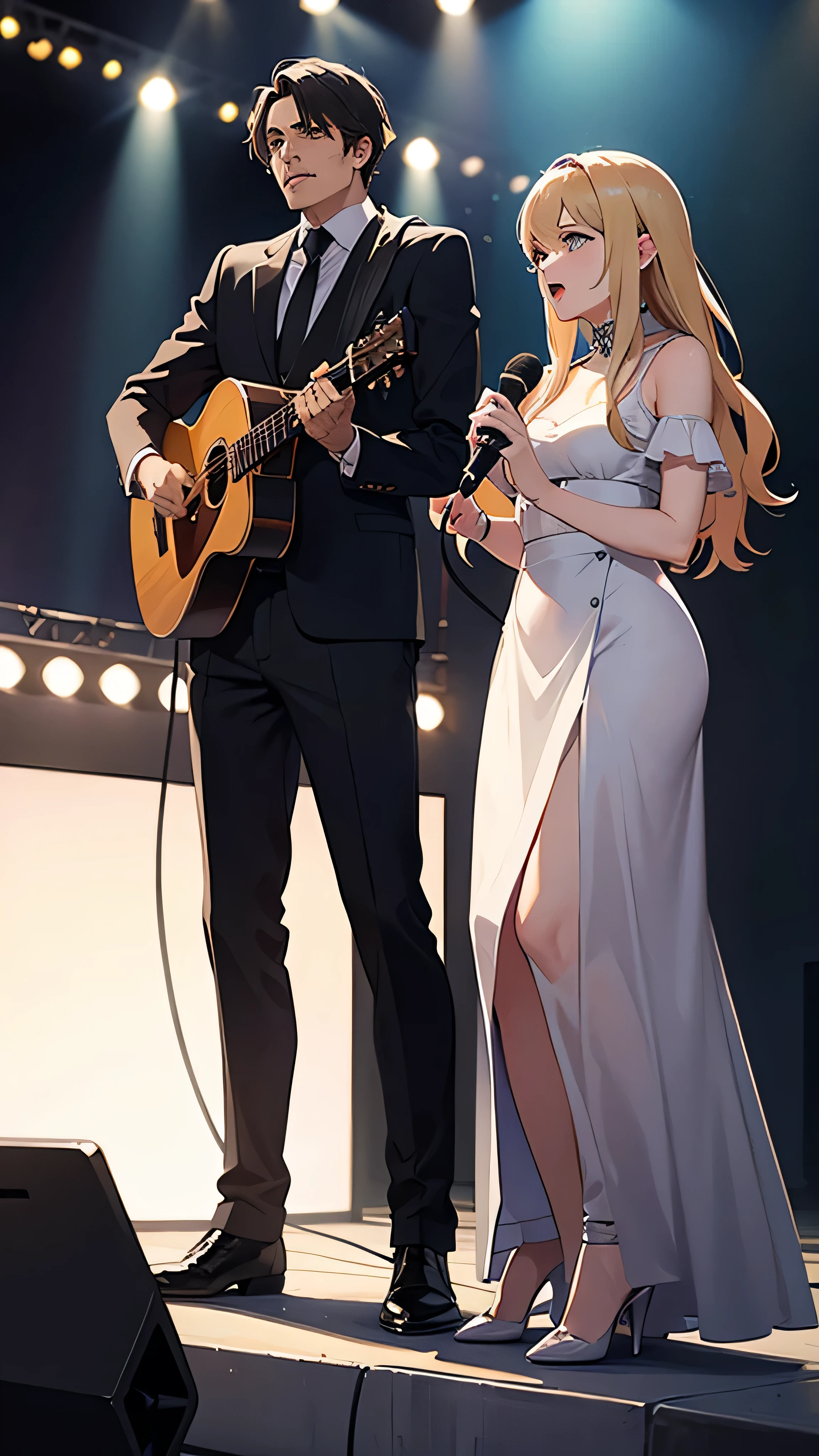 A man and a woman are singing on stage