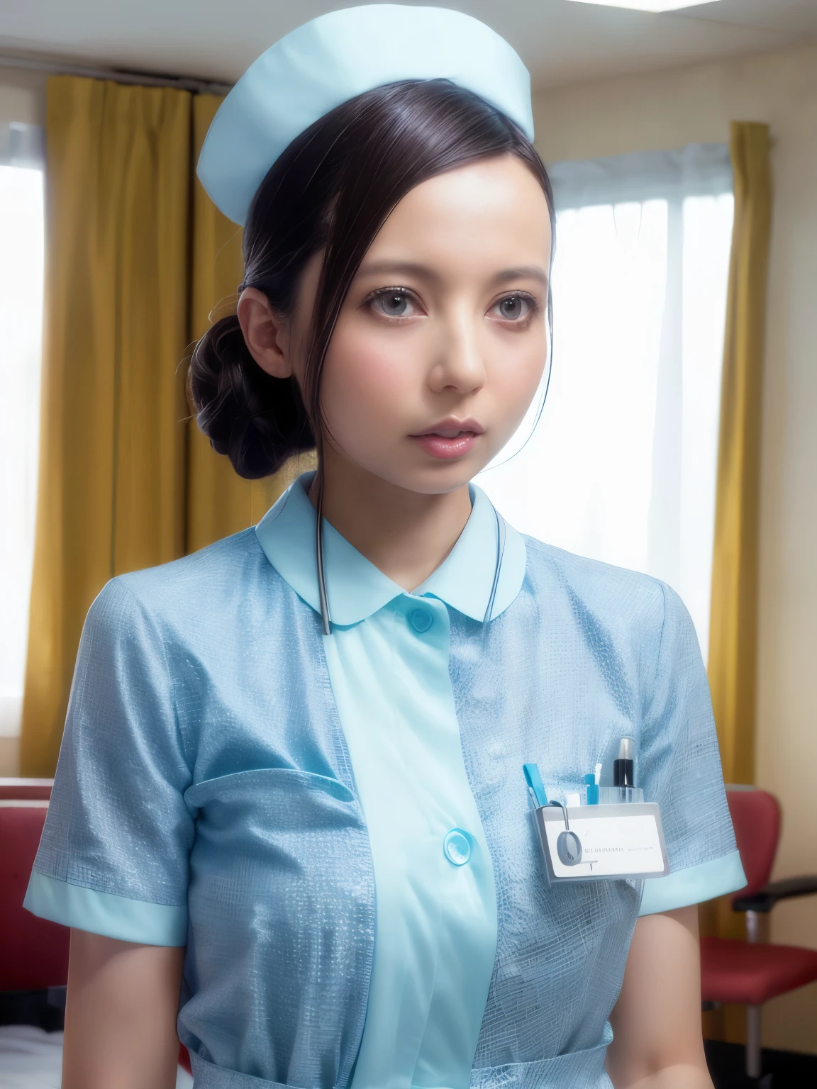 1 girl,(Wearing white nurse clothes:1.2),(RAW Photos, highest quality), (Realistic, photo-Realistic:1.4), masterpiece, Very delicate and beautiful, Very detailed, 2k wallpaper, wonderful, finely, Very detailed CG unity 8k wallpaper, Very detailed, High resolution, Soft Light, Beautiful detailed girl, Very detailed eyes and face, Beautiful and detailed nose, finely beautiful eyes, nurse, Perfect Anatomy, Black Hair, Upstyle, nurse uniform, ((nurse cap)), Long skirt, nurse, White costume, thin, hospital, clear, White Uniform, hospital room, Neck auscultation,Face close-up,(Becky)