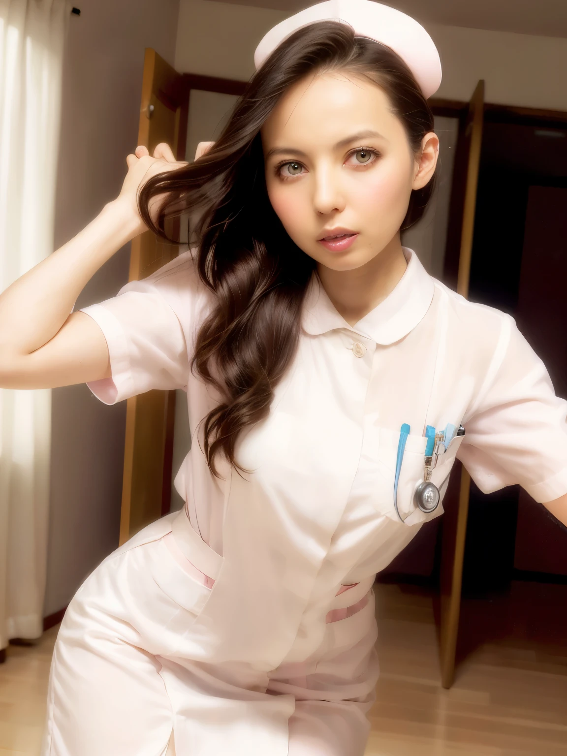 1 girl,(Wearing white nurse clothes:1.2),(RAW Photos, highest quality), (Realistic, photo-Realistic:1.4), masterpiece, Very delicate and beautiful, Very detailed, 2k wallpaper, wonderful, finely, Very detailed CG unity 8k wallpaper, Very detailed, High resolution, Soft Light, Beautiful detailed girl, Very detailed eyes and face, Beautiful and detailed nose, finely beautiful eyes, nurse, Perfect Anatomy, Black Hair, Upstyle, nurse uniform, ((nurse cap)), Long skirt, nurse, White costume, thin, hospital, clear, White Uniform, hospital room, Neck auscultation,Face close-up,(Becky)