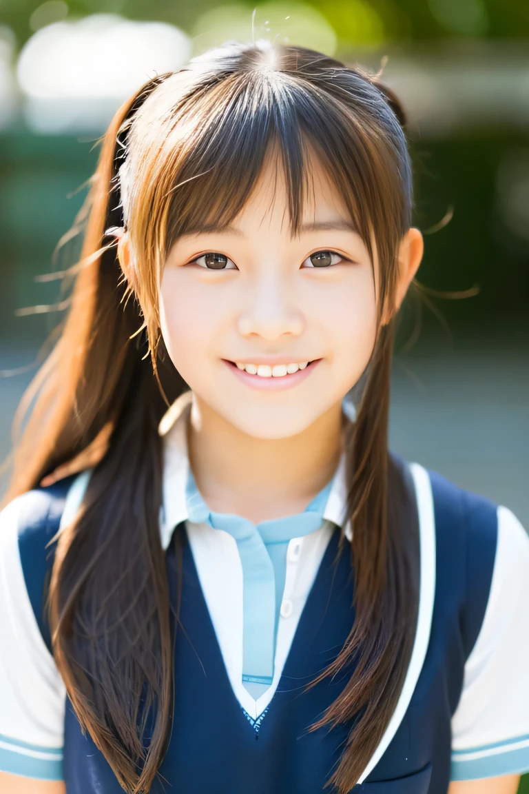 Lens 135mm f1.8, (highest quality),(RAW photo), (arms at sides:1.1), (Beautiful Japanese girl), cute face, (deeply carved face:0.7), (freckles:0.6), dappled sunlight, lighting, (japanese school uniform), (inside the school), shy, ponytail, (Close-up shots of:1.2), (smile),, (sparkling eyes)、,
