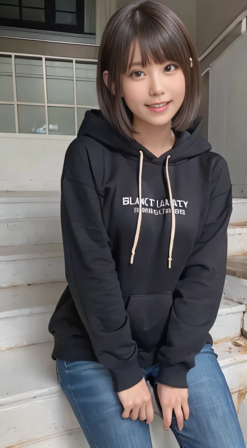 highest quality, Realistic, Very detailed, Finer details, High resolution, 8k wallpaper, One beautiful woman,Sit on the stairs、（Wear black socks）smile、（Beautiful teeth alignment、）（Gums are visible） Oversized hoodie, Skinny jeans,（ Black sneakers）、Black Hair、 Beautiful Bangs、ear piercing、Perfect dynamic composition, Beautiful and detailed, Full Body Shot, A big smile brown hair