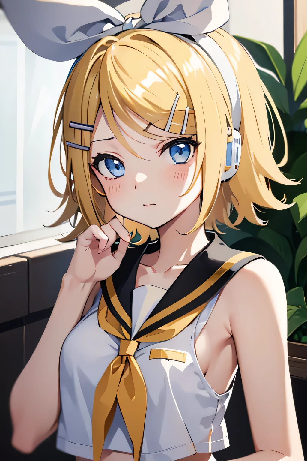 ((kagamine rin))
1girl
blonde hair
solo
hair ornament
sailor collar
hair clip
short hair
looking at viewer
pout
hair bow
blue eyes
bow
white bow
shirt
swept bangs
headphones
bangs
treble clef
:t
blush
bare shoulders
portrait
hand on own face
black sailor collar
detached sleeves
gray sleeves
hand on own cheek
sleeveless shirt
sleeveless
White background
upper body
general