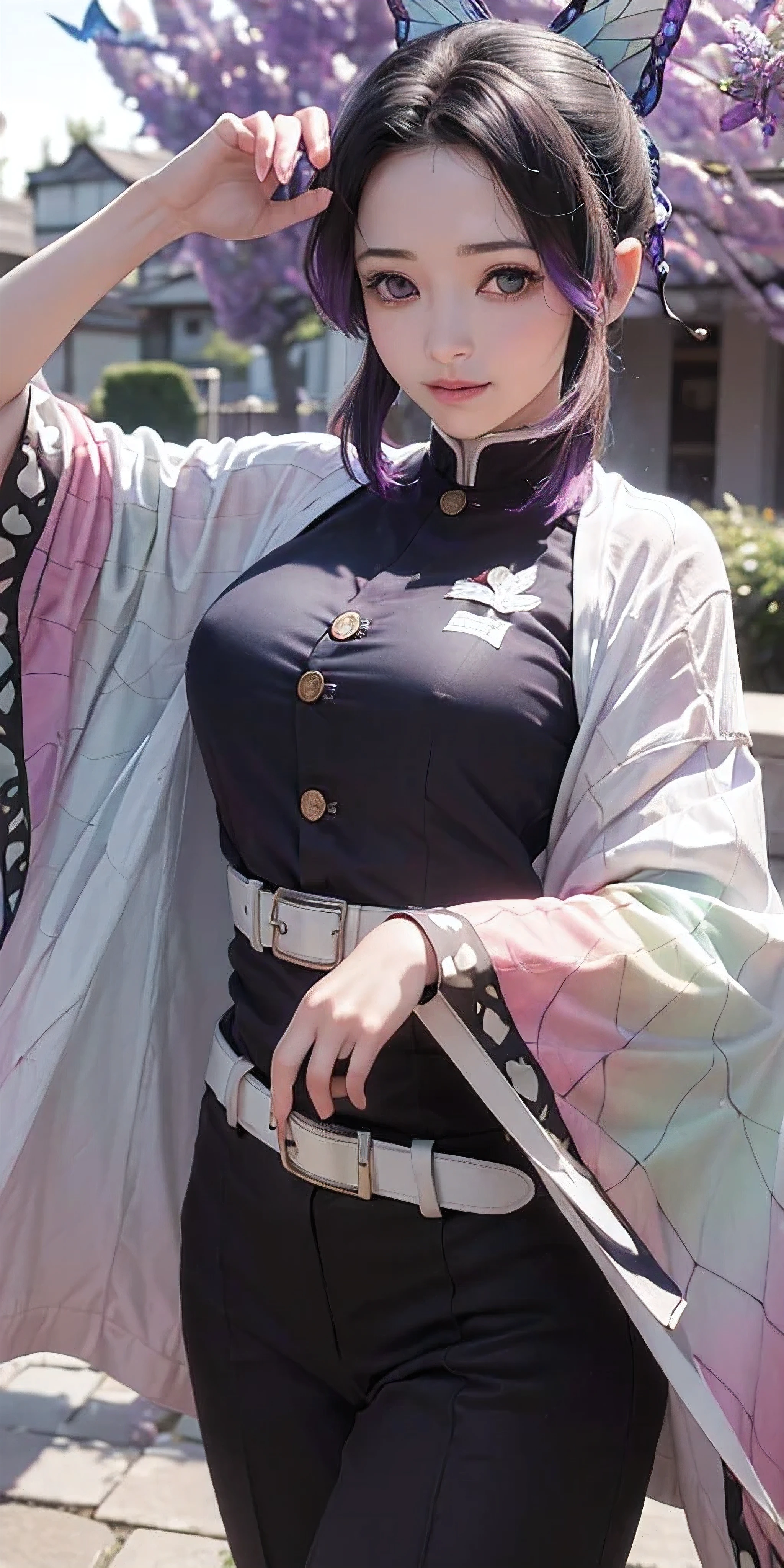 Ultra-realistic 8k CG,masterpiece,((ultra-detailed background, delicate pattern, intricate details)),best quality,very detailed face,extremely detailed eyes and face,extremely detailed eyes,kochou shinobu,multicolored hair,hair intakes,purple eyes,forehead,black shirt,black pants,haori,butterfly,buttons,belt,(Garden:1.2),purple flower,chibi,cloudy sky,sunlight,Tindal effect,gradient_sky,face,Gorgeous sky,Waist Sabre,Charming posture,