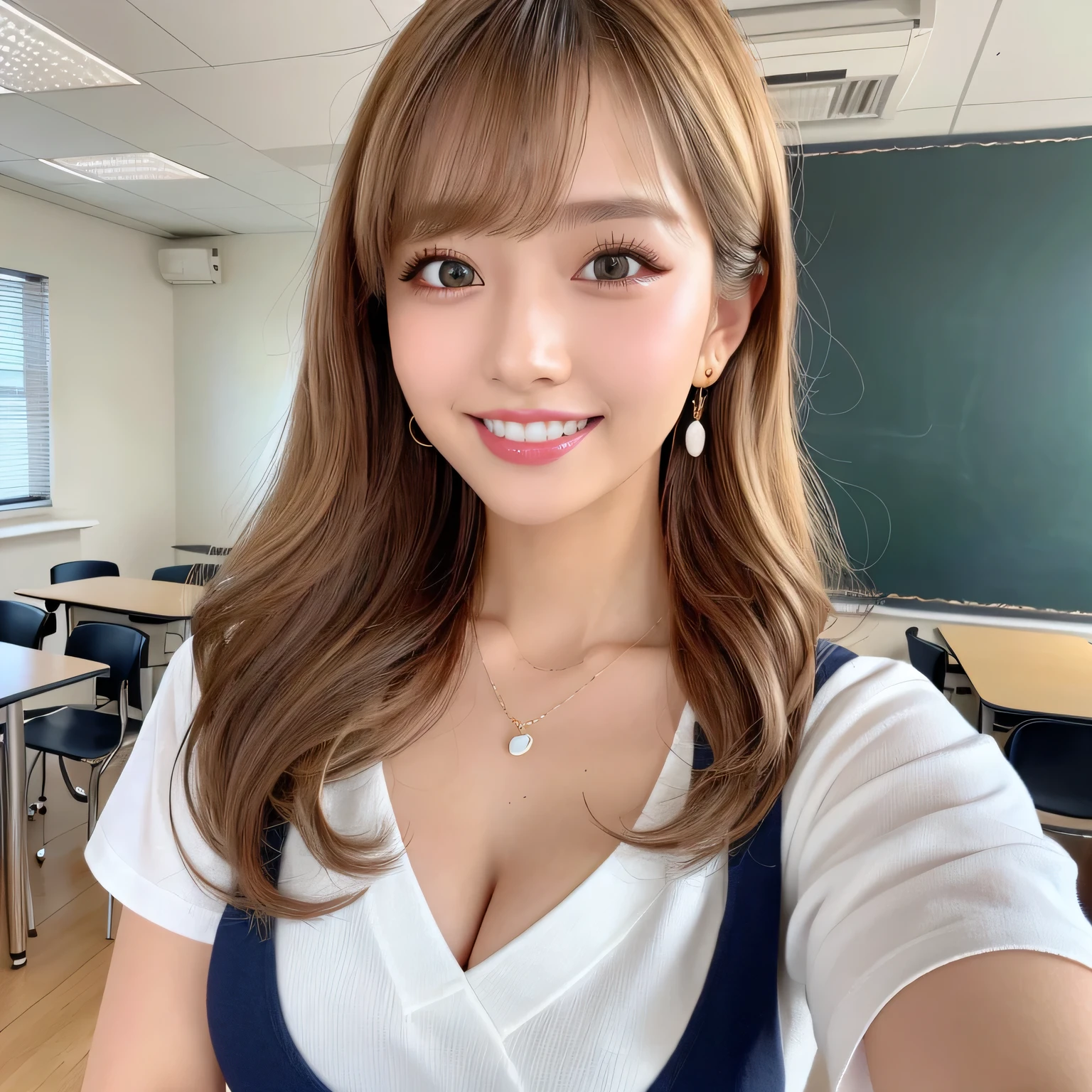 (highest quality、Tabletop、8k、Best image quality、Award-winning works)、1. Beautiful 、Blonde Gal、Long Wavy Hair、Bright color contacts、necklace、Small Precision Earrings、Exposed breasts、High cut white shirt、The most natural and perfect shirt、Navy Pleated Skirt、thin、Cleavage、Huge breasts、Accentuate your bust line、Accurate anatomy、The best smile when you see me、The most natural and perfect high school classroom background、(Strongly blurred background:1.1)、(The most natural and authentic high school classroom decor:1.1)、(The most natural and perfect regular arrangement of desks and chairs:1.1)、Perfect Makeup、(Ultra High Resolution Glossy, Fair skin:1.1)、Ultra-high resolution face、ultra high resolution hair、Ultra-high resolution sparkling eyes、Ultra-high quality glossy lips、(Ultra high resolution perfect beautiful teeth:1.1)、(Very brightly lit white skin:1.1)、Beautiful face drawn in every detail、Photo from chest up、Face close-up