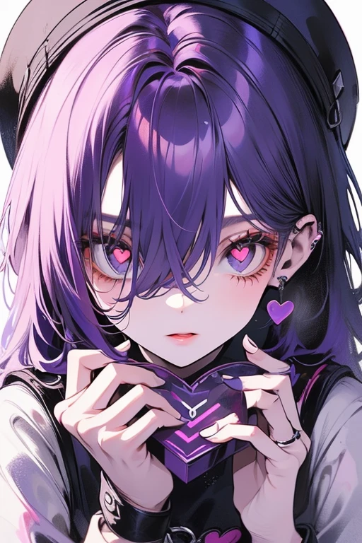 1girl,solo,cool,crazy love,heart eye,purple hair,cool color colorful,paint,face focus,perfect face,face is dirty for painting,brilliant eye,suspicious,mysterious,purple aura