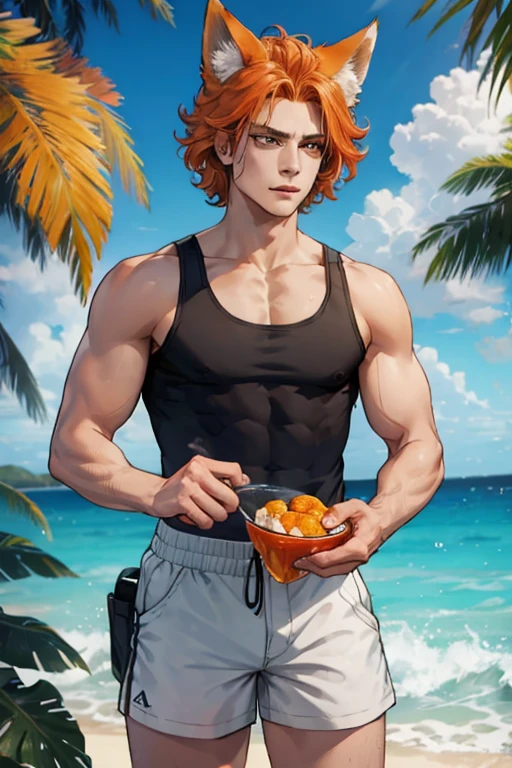 A muscular orange haired man with orange eyes and orange fox ears and an orange fox tail in splashing in a cool t-shirt and shorts is picnicking at the beach