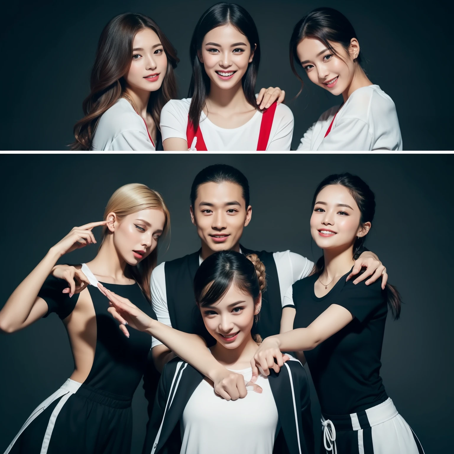 ((Best quality, 8K, Masterpiece :1.3)), Four individuals, emphasis on their agile dance movements: 1.4, Helicopter interior: 1.2,             (Smooth hair: 1.2), Casual attire: 1.2, (Stylish outfits in a contrasting color palette: 1.1), Lighting that highlights each dancer's form: 1.5, Highly detailed facial and body textures, Captivating eyes, (Eye contact with the viewer: 1.3), Dynamic dance poses, (Expression of joy and excitement: 1.4)