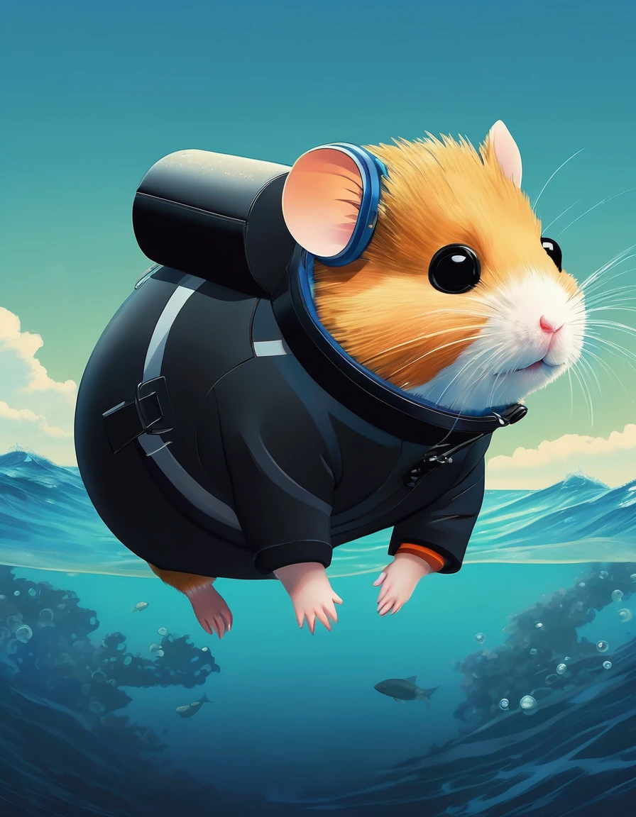 Jon-style , Features, ink art, side view，Set design，Very unified CG design，（Cute hamster diving），Put on a wetsuit and goggles，background：in the sea，Black and Pixar style，Felicia Simien and Studio Ghibli-style minimalist photography，Produced by Pixar，Minimalism，art，light，Negative Space，Dark arts，Surrealism，Ukiyo-e，