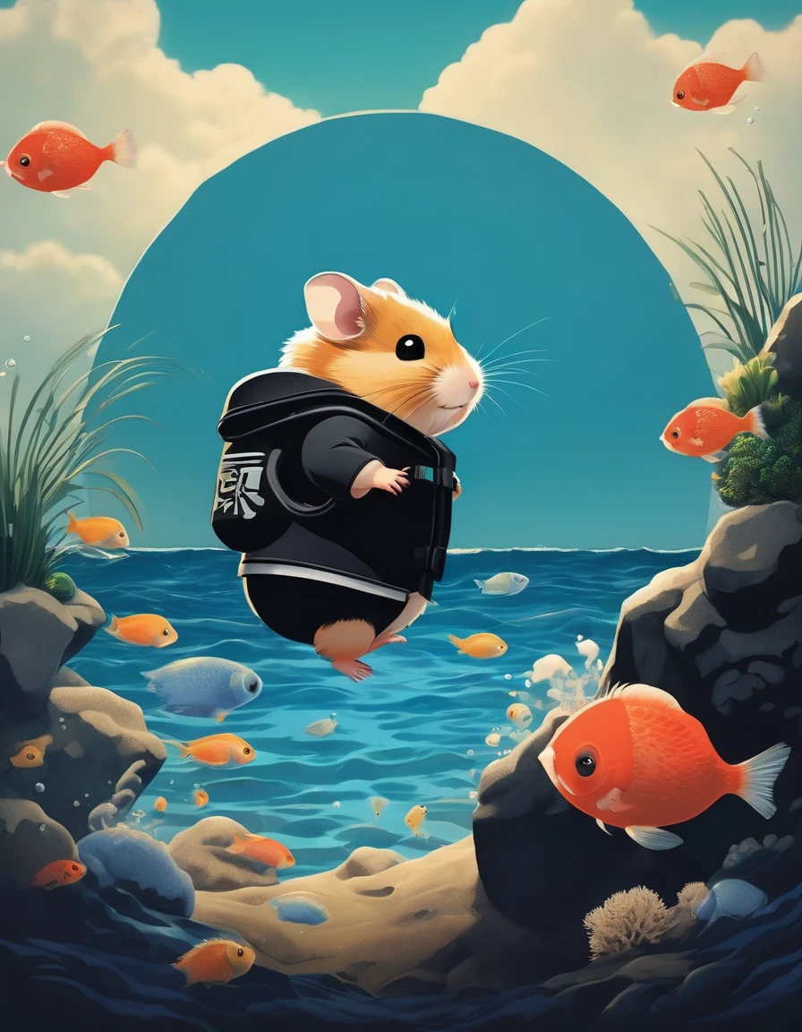 Jon-style , Features, ink art, side view,Set design,Very unified CG design,(Cute hamster diving),Put on a wetsuit and goggles,background:in the sea,Black and Pixar style,Felicia Simien and Studio Ghibli-style minimalist photography,Produced by Pixar,Minimalism,art,light,Negative Space,Dark arts,Surrealism,Ukiyo-e,