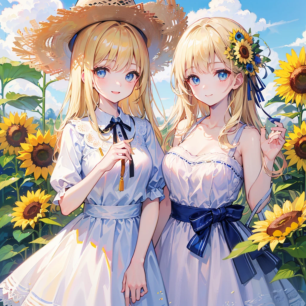 (((Best quality, 8k, Masterpiece: 1.3)), ((best quality)), ((masterpiece)), (detailed), girl、Blonde、blue eyes、Straw hat、White dress、smile、Sunflower flower garden、sun