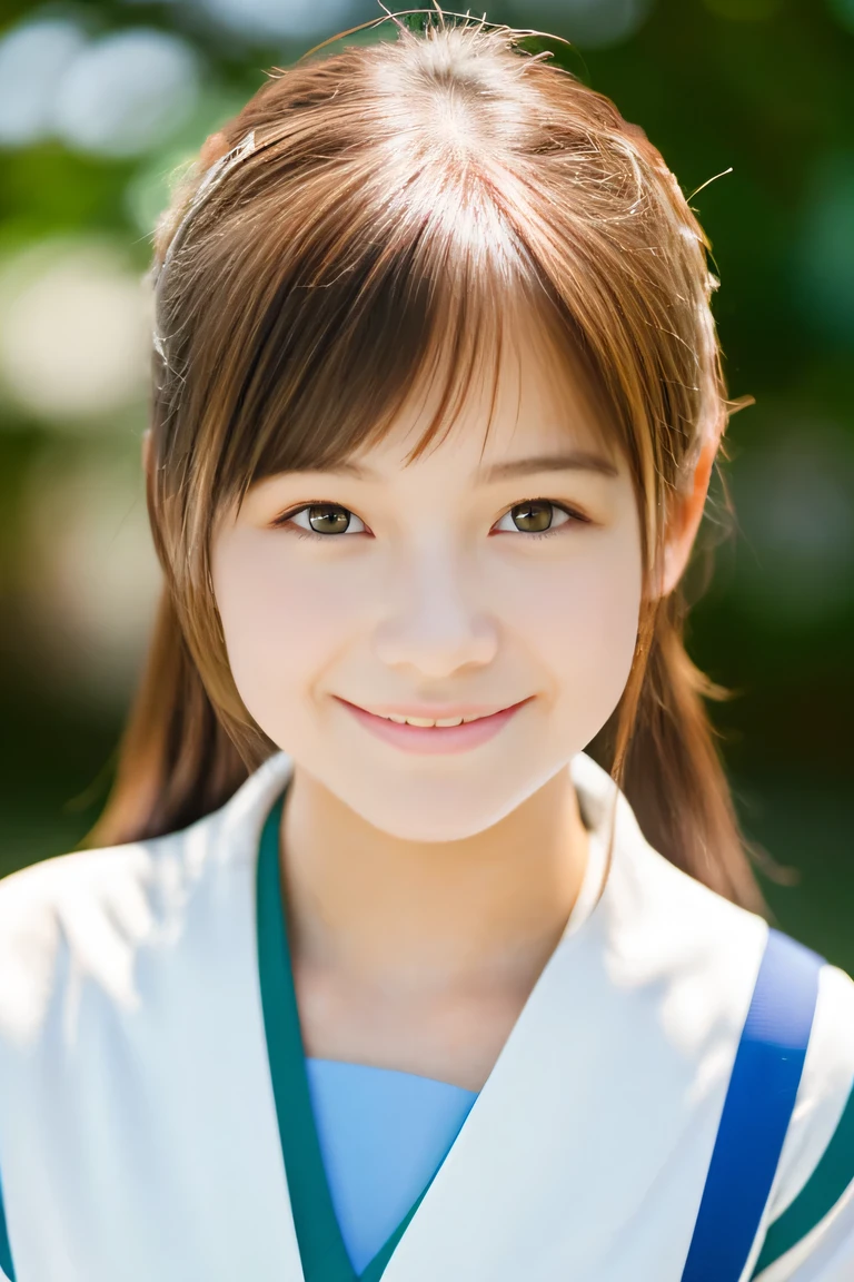 Lens 135mm f1.8, (highest quality),(RAW photo), (arms at sides:1.1), (Beautiful  Japanese girl), cute face, (deeply carved face:0.7), (freckles:0.6), dappled sunlight, , (japanese school uniform), (inside the school), shy, ponytail, (Close-up shots of:1.2), (smile),, (sparkling eyes)、,