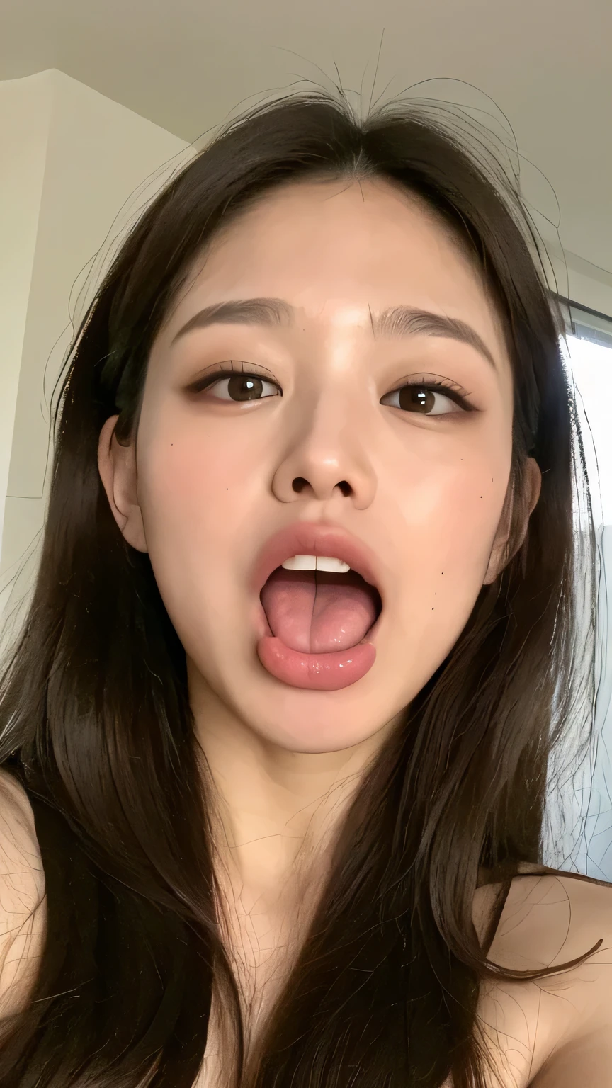 ((highest quality, 8k, masterpiece: 1.3)), 1 female, Japanese Mature,Sensual beauty: 1.3, (Hair style Brown hair Medium wave, big: 1.2), Nightwear: 1.1, Super slender face, Delicate eyes, double eyelid, (((Open your mouth,Long tongue sticking out,)))Mole, Home,Plump body,very thick legs,Shot from directly above,He is fooling around with his mouth wide open and his tongue sticking out..,