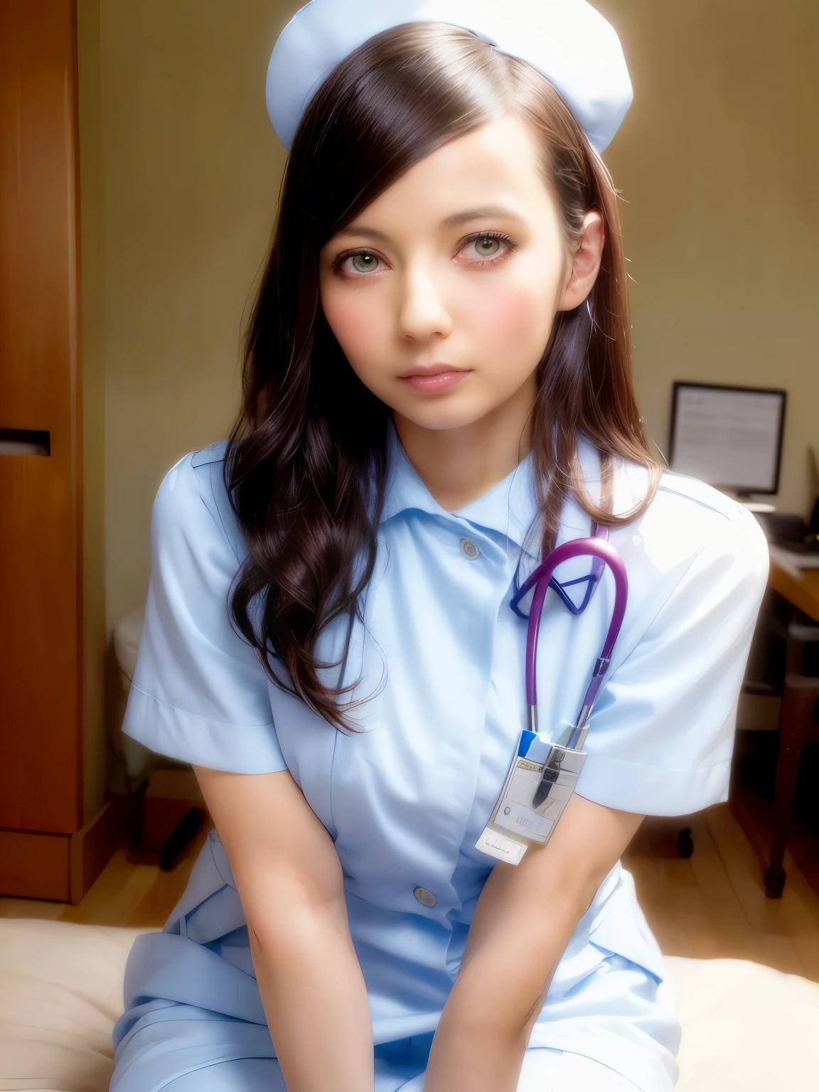 1 girl,(Wearing white nurse clothes:1.2),(RAW Photos, highest quality), (Realistic, photo-Realistic:1.4), masterpiece, Very delicate and beautiful, Very detailed, 2k wallpaper, wonderful, finely, Very detailed CG unity 8k wallpaper, Very detailed, High resolution, Soft Light, Beautiful detailed girl, Very detailed eyes and face, Beautiful and detailed nose, finely beautiful eyes, nurse, Perfect Anatomy, Black Hair, Upstyle, nurse uniform, ((nurse cap)), Long skirt, nurse, White costume, thin, hospital, clear, White Uniform, hospital room, Neck auscultation,Face close-up,(Becky)