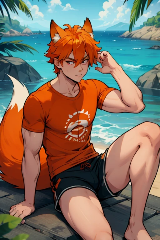 A muscular orange haired man with orange eyes and orange fox ears and an orange fox tail in splashing in a cool t-shirt and shorts is sitting by a bonfire at the beach