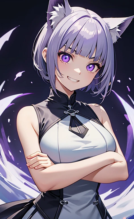 (masterpiece:1.4、top-quality、illustration)、(character focus、,upper body:1.3)、(face,),(1girl),(evil grin:1.3),(Beautiful eyes:1.4),cute face,(purple eyes:1.3)、(tareme:1.3)、(fox ears,fox tails),
),(stand:1.4),、(),(breast hold:1.3),
(blue grey hair),(short hair:1.5)、
,(meadow:1.3),(sleeveless turtleneck china dress:1.5),
(blunt bangs),(sidelocks:1.3), (large breasts)、
、slender、
